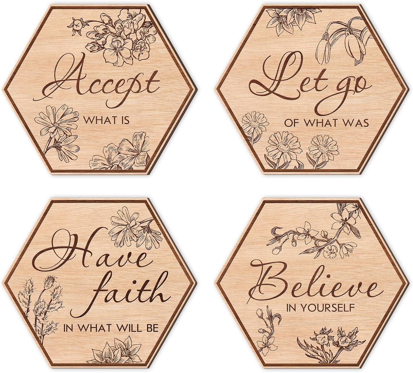CHDITB Bathroom Wall Art Set of 4: 'Let Go', 'Have Faith', 'Accept', 'Inspirational' Wooden Signs, Rustic Floral Farmhouse Hanging Signs for Home, Spa Decoration - 8.7"x8.9"