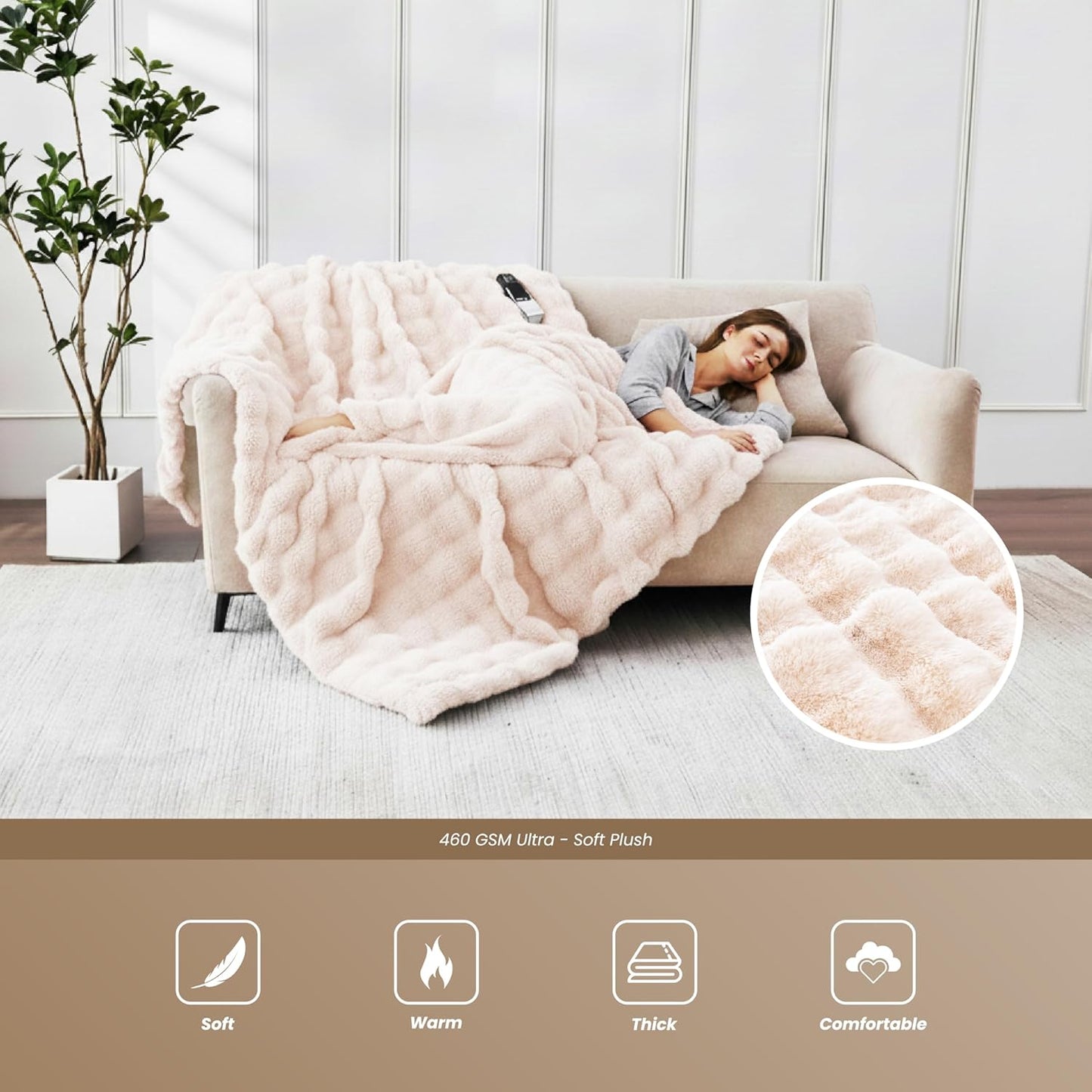 Heated Blanket Throw 50''x60'', Fast Heating Electric Blanket Ultra-Soft Faux Rabbit Fur with 5 Heat Levels & 5H Auto Shut-Off, Overheat Protection, Machine Washable