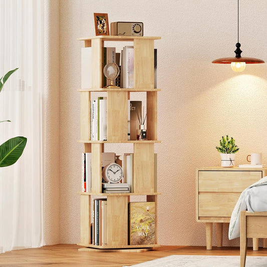 Wooden Rotating Bookshelf 4 Tier, Revolving Bookcase, 360° Spinning Book Shelf Tower Kids, Narrow Bookshelves Lazy Susan Organizer for Small Space, Corner, Bedroom, Living Room, Office, Natural