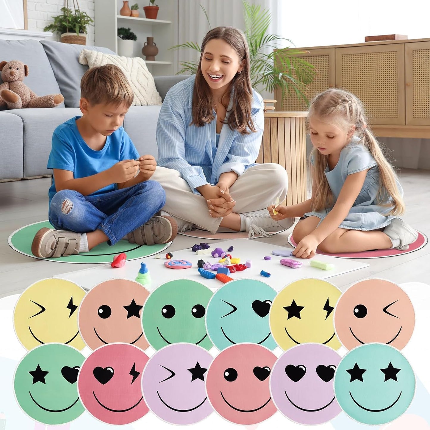 OBUSATT 12Pcs Carpet Circle Seats 15 Inch Round Classroom Rug for Calming Corner Supply Non Slip Floor Cushions Mat for Back to School Mental Health Nursery Learning Playing Areas Decor(Smile Face)