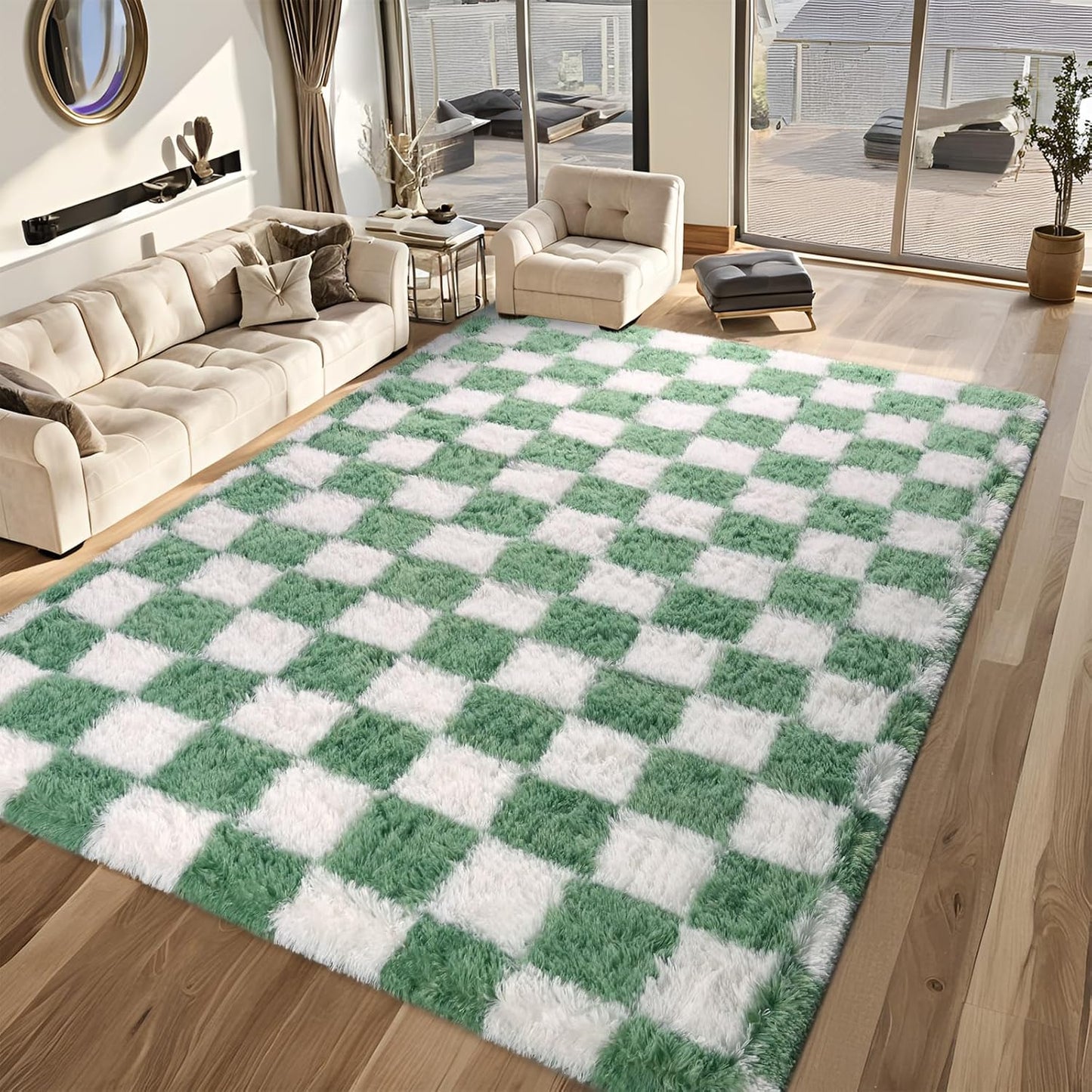 Rugs for Bedroom Living Room, 4x6 ft Sage Green and White Checkered Area Rug, Fluffy Soft Washable Carpet, Modern Non-Slip Shag Carpets for Boys Girls Nursery Home Aesthetic Decor