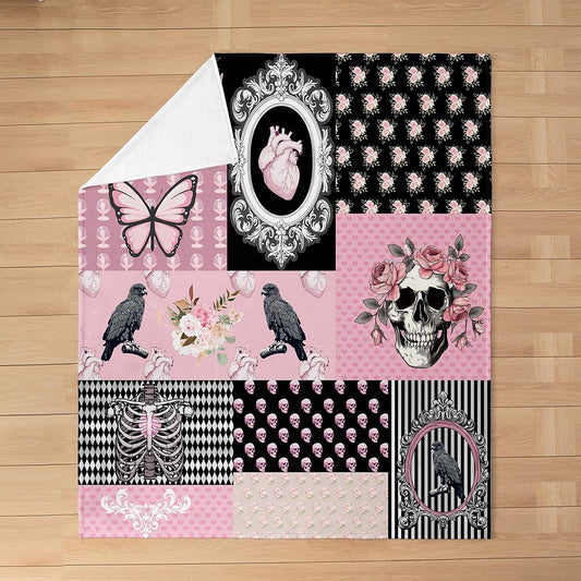 Erosebridal Sugar Skull Throw Blanket, Halloween Skelebone with Flowers Fuzzy Blanket, Garden Pink Rose Floral Flannel Blanket for Bed Couch, Geometric Honeycomb Plaid Fleece Blanket, Queen Size
