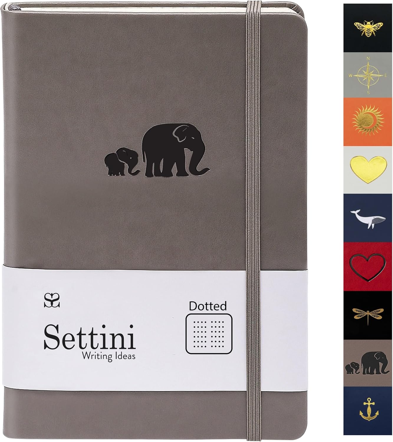 SETTINI Dotted Journal, Ideal for Bullet Journaling - A5 Vegan Leather Notebook, 192 Archival-Quality Pages, QuillEase Bleed-Free Paper, Inner Pocket & Bookmark - Elephant Gifts, Grey Elephants