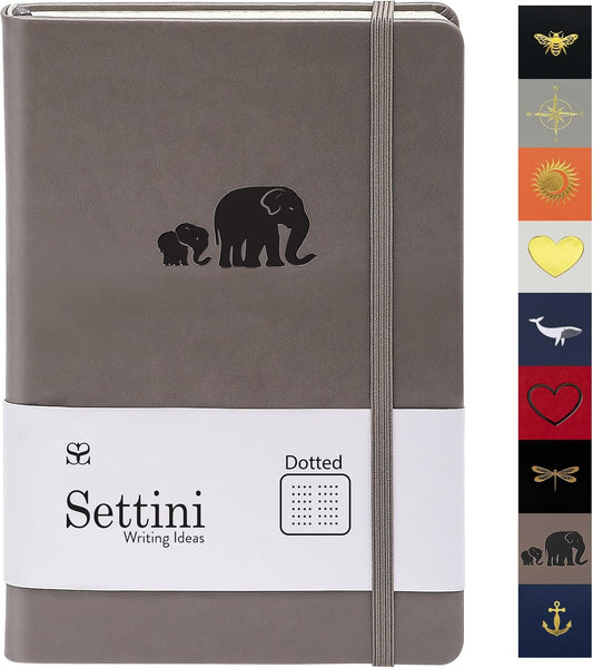 SETTINI Dotted Journal, Ideal for Bullet Journaling - A5 Vegan Leather Notebook, 192 Archival-Quality Pages, QuillEase Bleed-Free Paper, Inner Pocket & Bookmark - Elephant Gifts, Grey Elephants