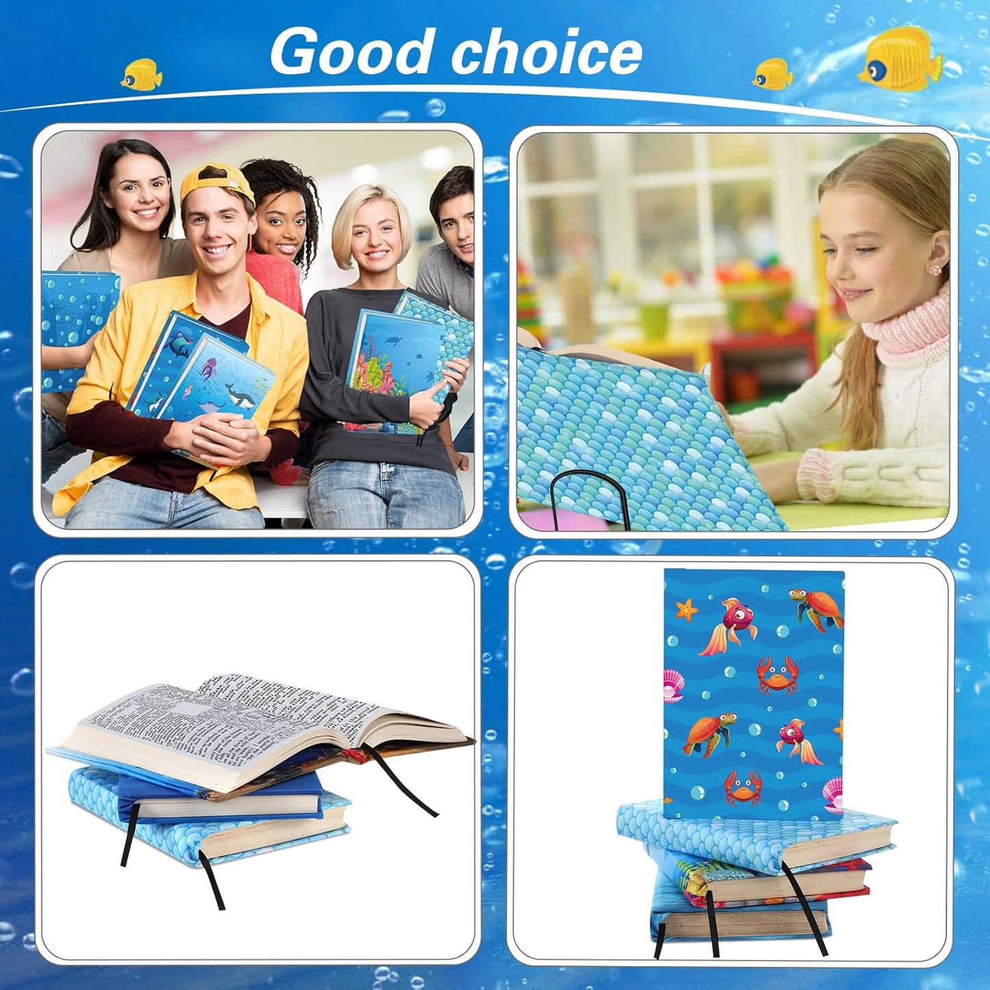 6 Pack Jumbo Stretchable Book Covers, Colorful Covers for Textbook Protection and Care, Washable Reusable Protective for Paperbacks Hardcover Books(Ocean,Blue,9-11inch)