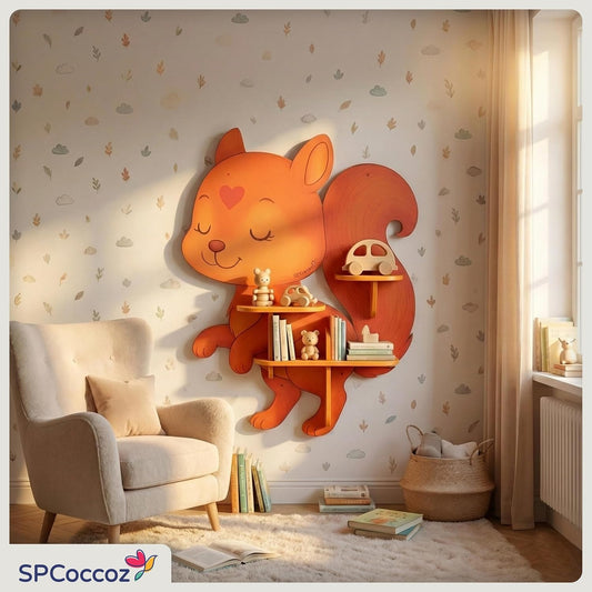 32" Squirrel Decorative Animal Wall Art & Floating Shelf - Lightweight Safety Design - Wooden Wall Bookshelf for Kids Rooms, Floating Nursery Book Shelves Wall