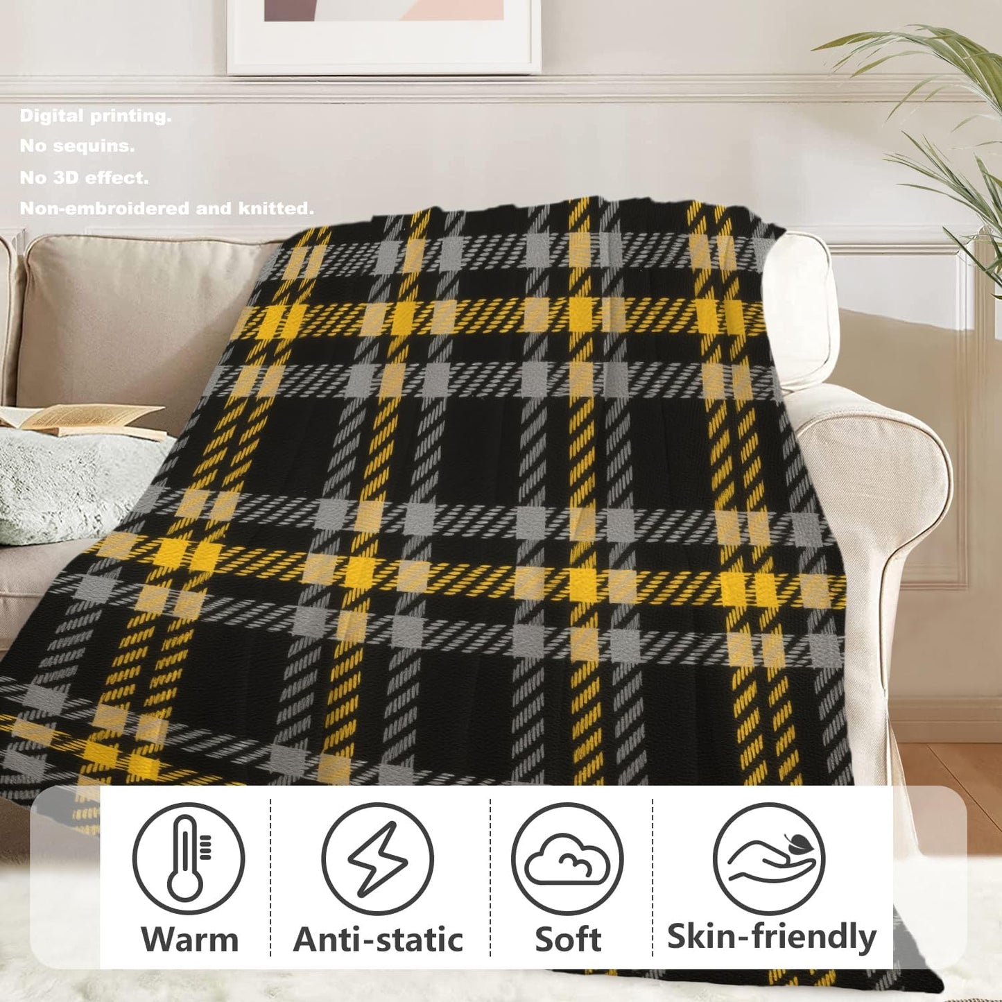 Batmerry Gray Brown Yellow Plaid Throw Blanket for Couch Sofa Bed,Houndstooth Checks in Grey Browns Super Soft Warm Fuzzy Plush Blankets Decor Lightweight Cozy Travel Camping Blanket 60 x 50 in