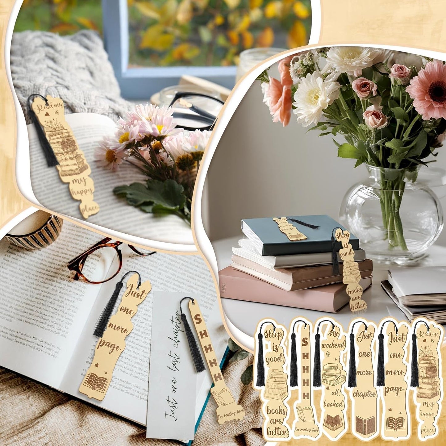 Colarr 12 Pcs Wood Bookmarks for Woman Book Club Gift for Book Worms Books Lovers Bookmarks Bulk with Tassels for Reading Party Favors Books Exchange Club Men & Women Friends(Retro)