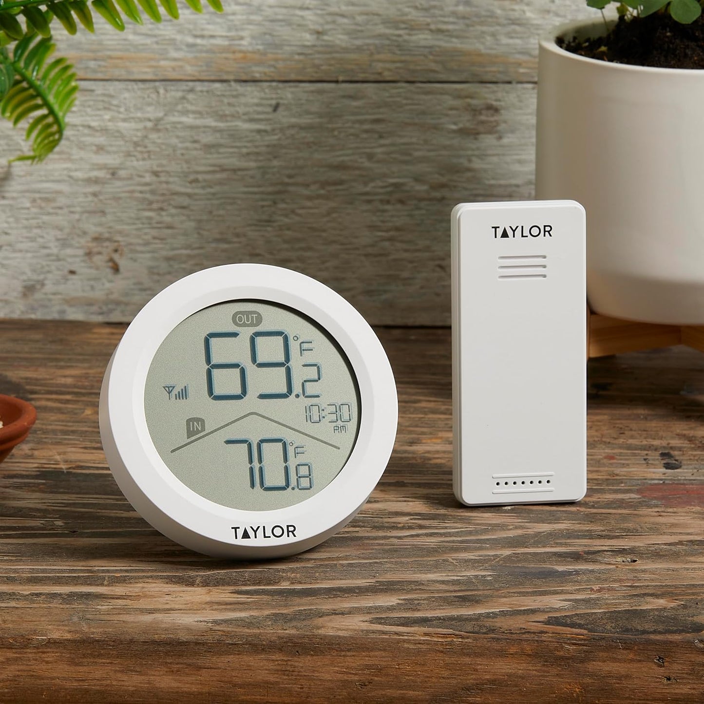 Taylor Digital Wireless Round Indoor Comfort Level Thermometer and Clock, Wireless Remote Sensor, Easy-to-Read Display for Home, Office, Greenhouse, Nursery, and Indoor Areas, LCD, White
