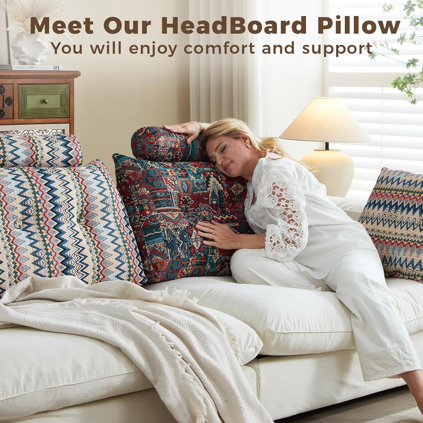 Boho Headboard Pillow for Full, Large Triangular Wedge Pillow for Headboard Gap, Daybed for Sitting Up in Bed, Couch or Sofa with Removable Washable Cover and Side Pockets, Sparks Bloom