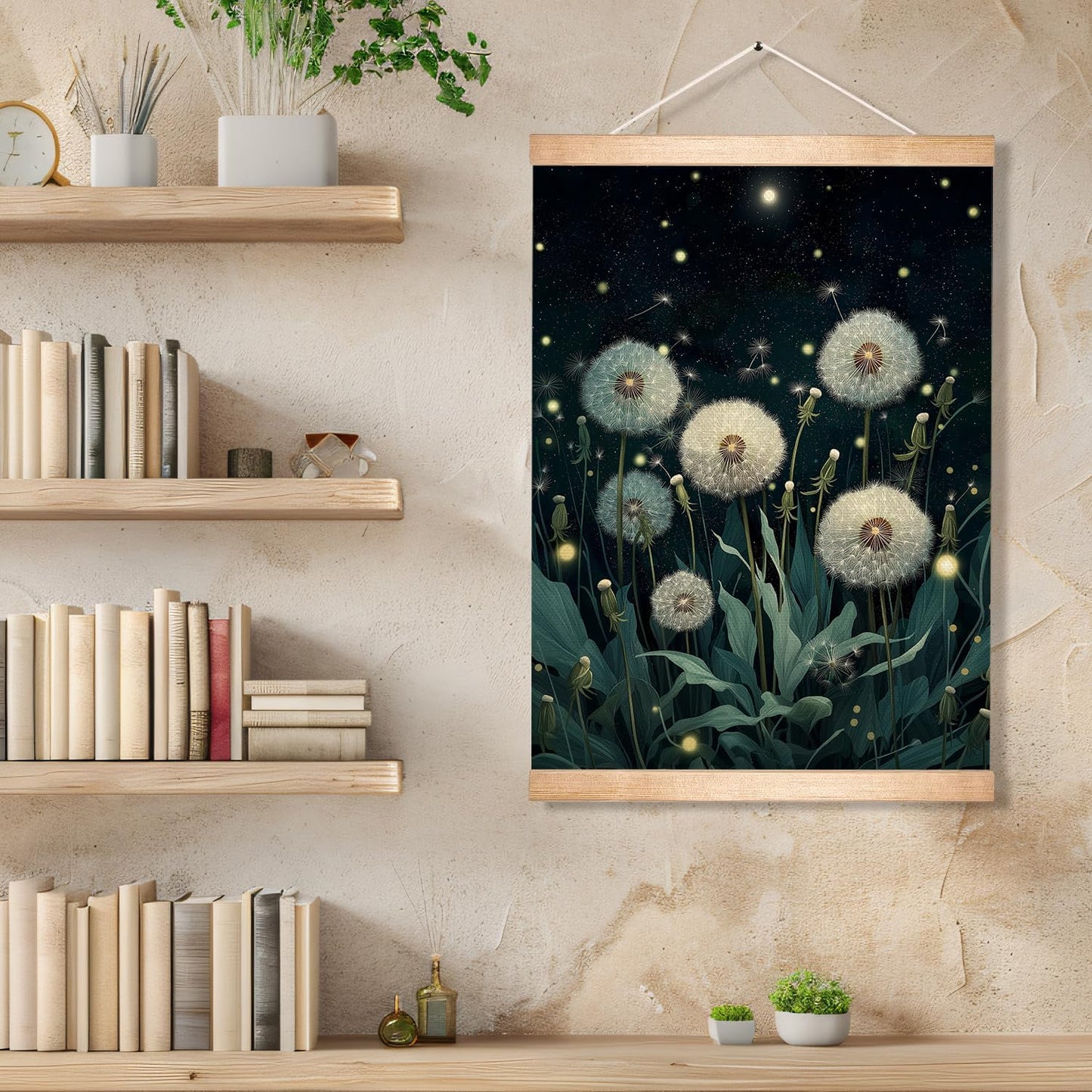 HEYJEEPER Dreamy Dandelion Wall Art, Night Botanical Firefly Linen Poster, Whimsical Nature Aesthetic Artwork Wall Hanging Decor for Living Room or Meditation Space,Calm Home Decor Gift 14x18inch (Dandelion)