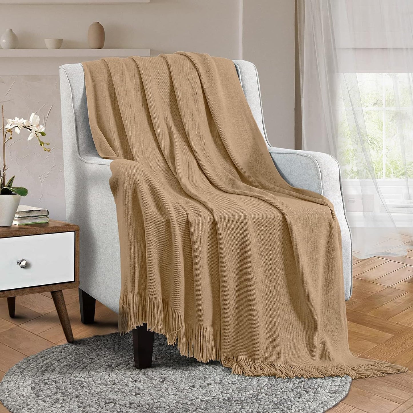 Vonty Light Brown Knitted Blanket with Tassels Fringe 60" x 80", Super Soft Knit Throw Blanket, Farmhouse Decorative Lightweight Blanket for Couch, Sofa, Bed