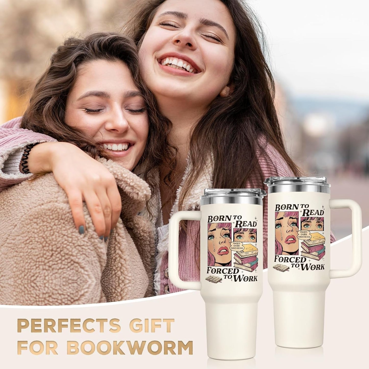 Shqiueos Funny Book Lovers Gifts for Women 40oz Tumbler with Handle and Straw Lid, Christmas Bookish Gifts, Reading Gift for Reader, Librarian, Nerd, Bookworm Cup Water Bottle, Book Themed Present