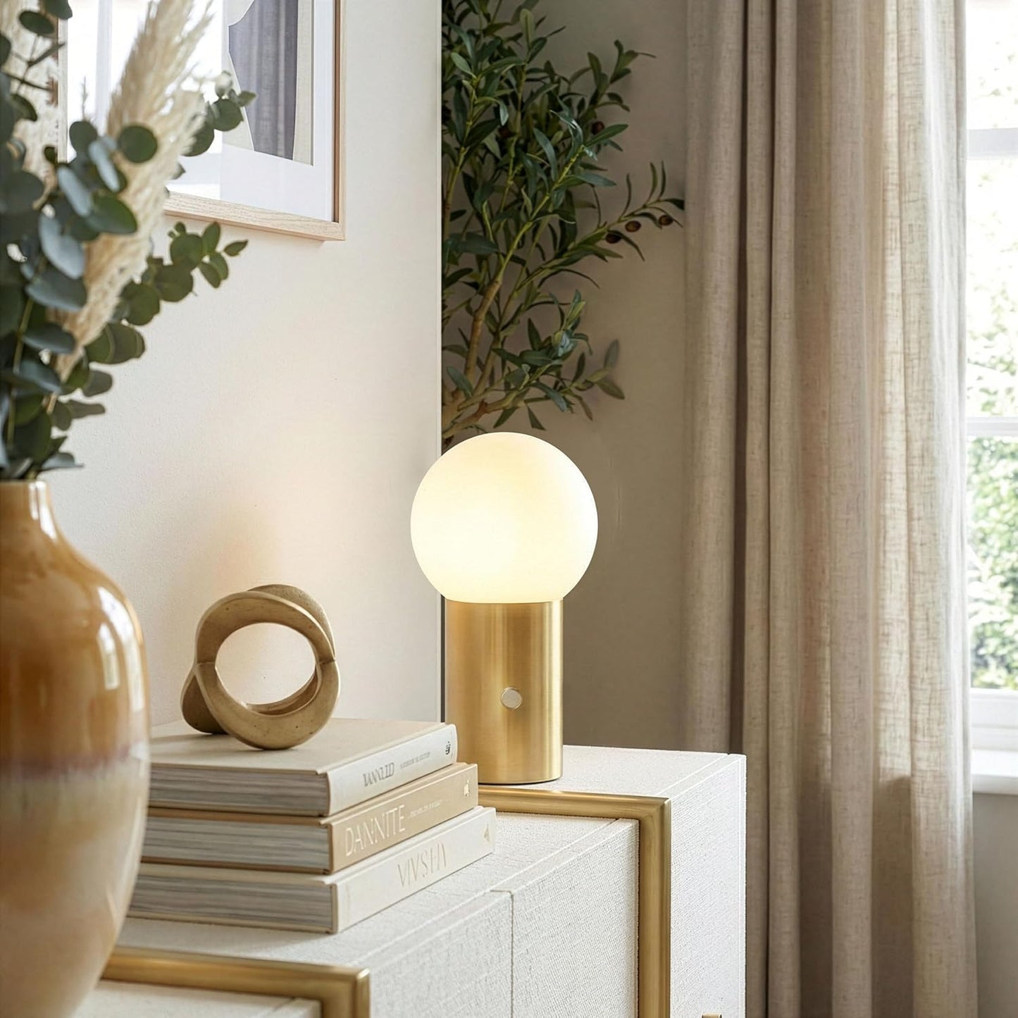 Brightech Kai LED Table Lamp with USB Port - Small Bedside Reading Modern Desk Lamp, Nightstand Light with Ambient Lighting for Bedroom, Living Room, Office - Modern Globe Lamp Shade, Brass Finish