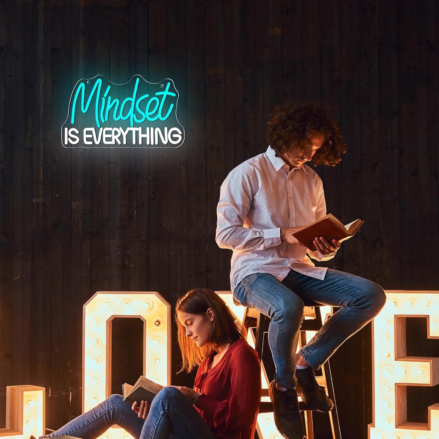 Mutank Mindset Is Everything Neon Sign Wall Decor, Motivational Neon Light USB Powered LED Dimmable, for Classroom Decor Office Gym Library Bedroom Bar Sign(14.1 * 7.8 In)