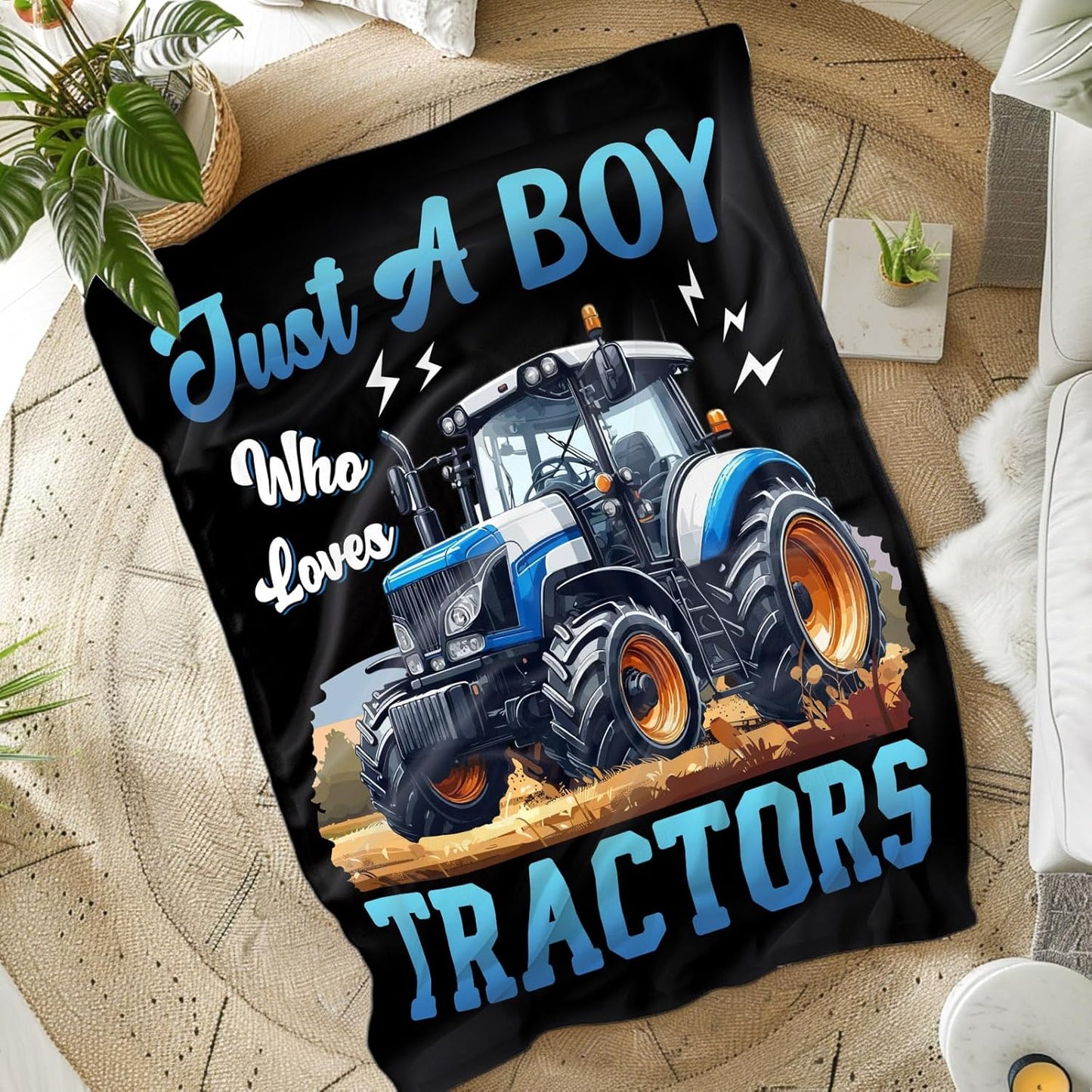 Kids Blanket, Tractor Blankets, 50 x 40 Inches Throws for Kids, Just A Boy Who Loves Tractors, Cozy Soft Black Truck Flannel Throws for Bed, Couch Sofa Party