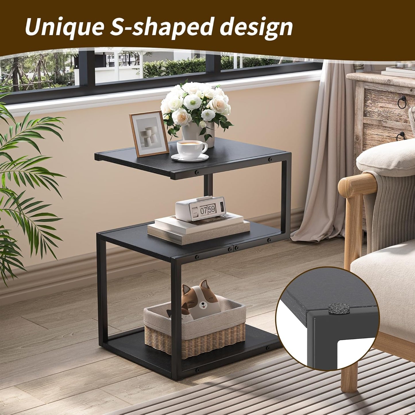 S-Shaped Side Table 3 Tier, Minimalist Nightstand for Small Spaces with Open Storage, Narrow End Table for Living Room Bedroom, Black