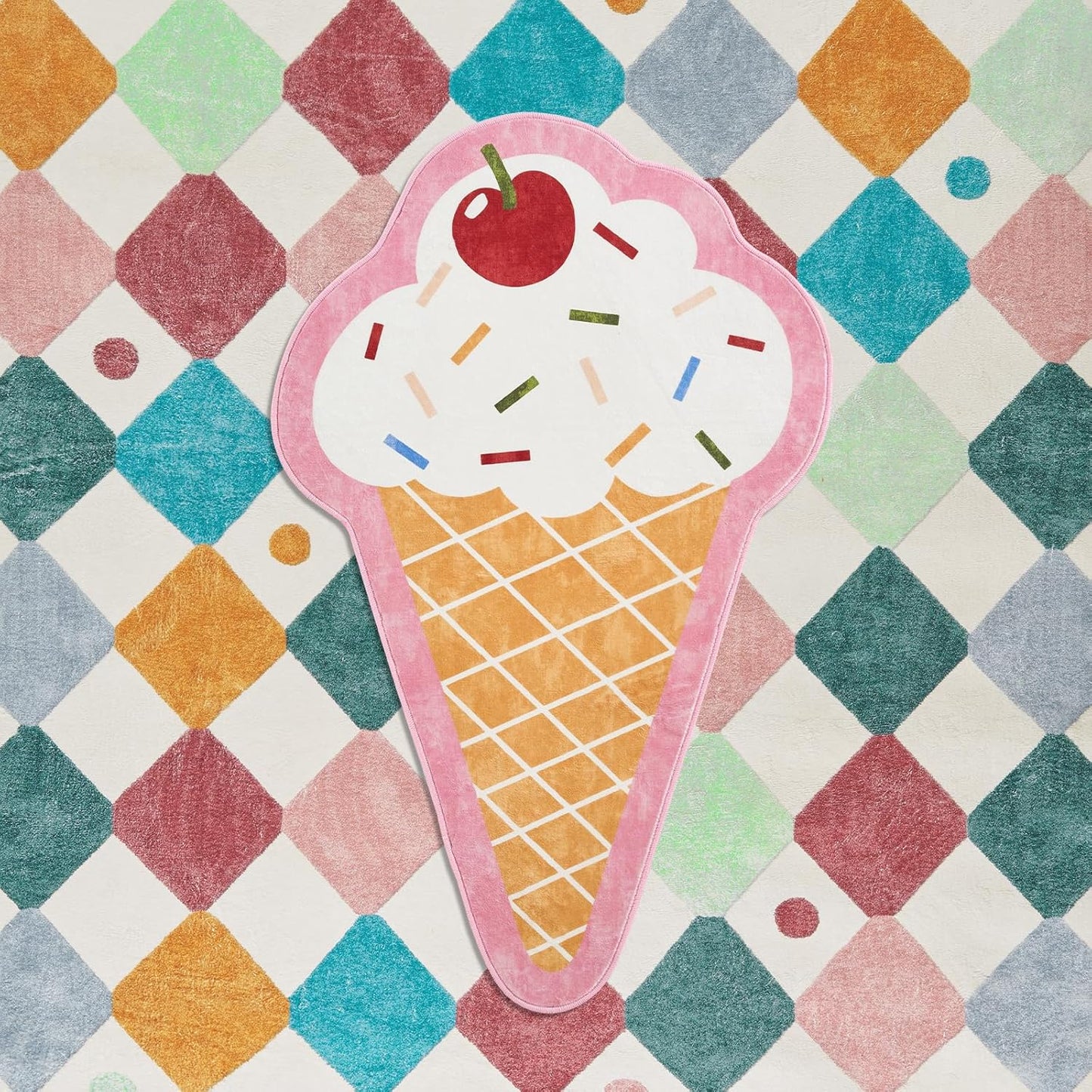 jinchan Cute Fun Rug Ice Cream Shaped Playroom Mat Washable Cone Cool Rug Soft Funny Mat Back to School Unique Lightweight Playful Funky Gift for Girls Teens Dorm Bedroom Bedside, 4x6 ft