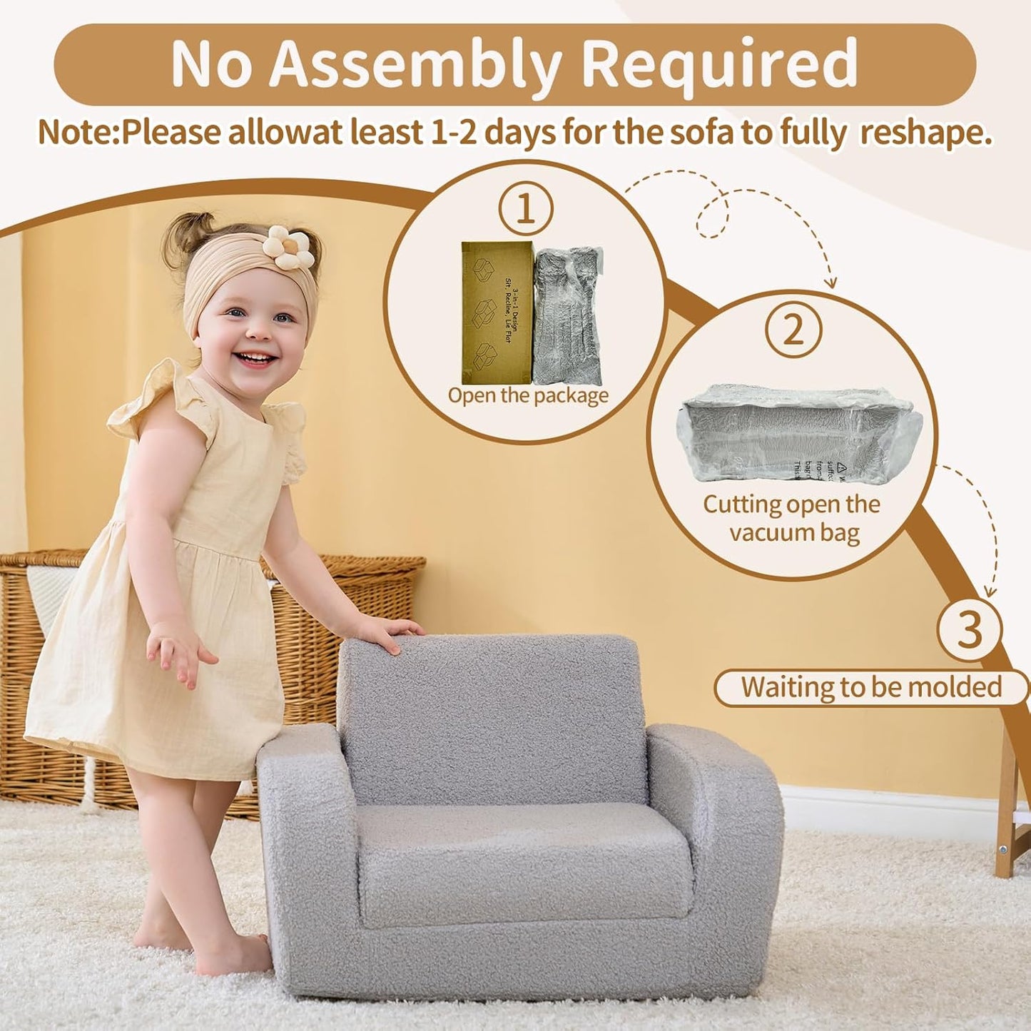 KidBloom 3-in-1 Toddler Couch, Toddler Chairs Comfy 1-3 Years Old, Kids Couch Bed Fold Out, Gifts for 1 2 Year Old Girls Boys