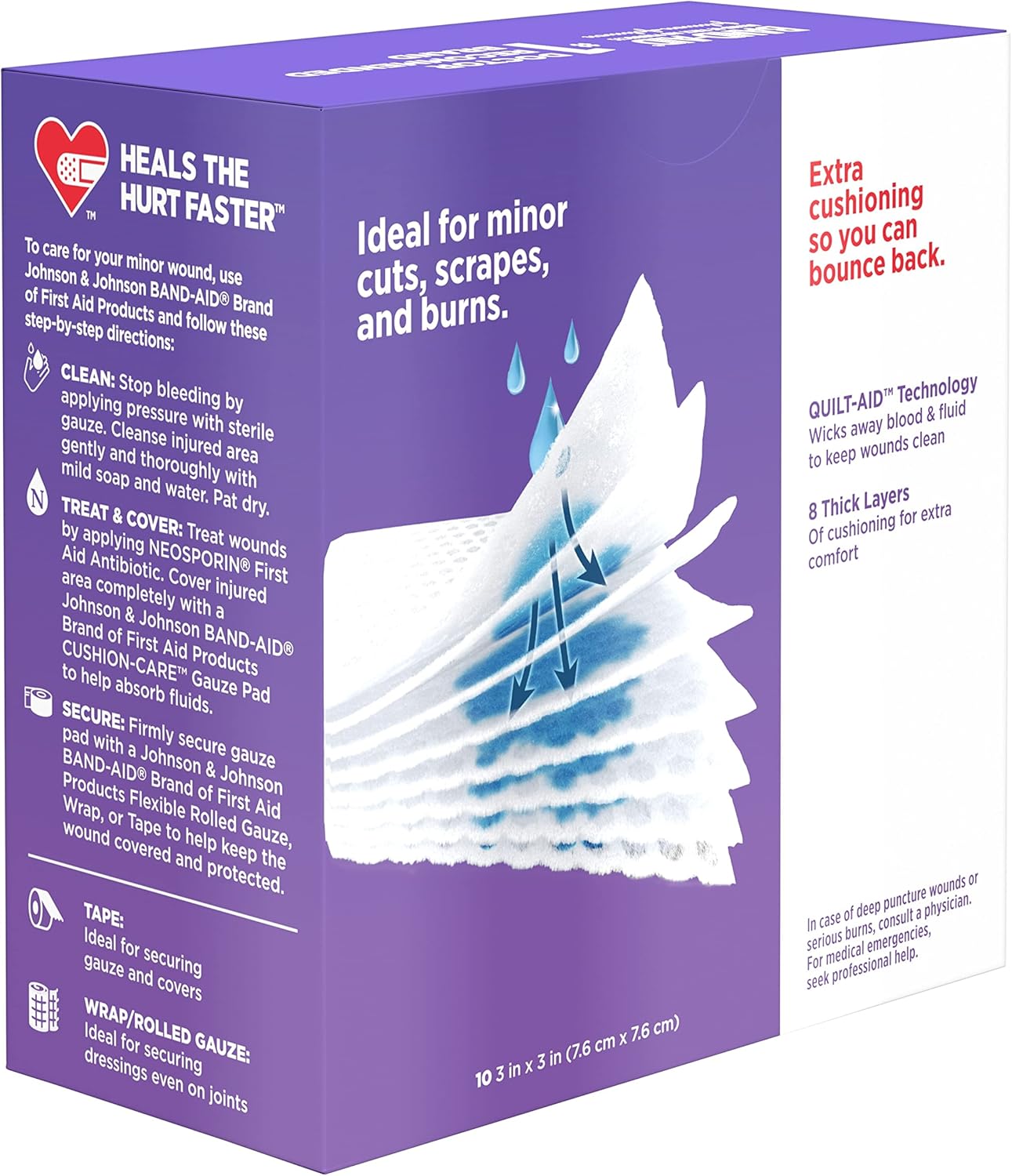 Band-Aid Brand Cushion Care Non-Stick Gauze Pads, Individually-Wrapped, Medium, 3 in x 3 in, 10 ct