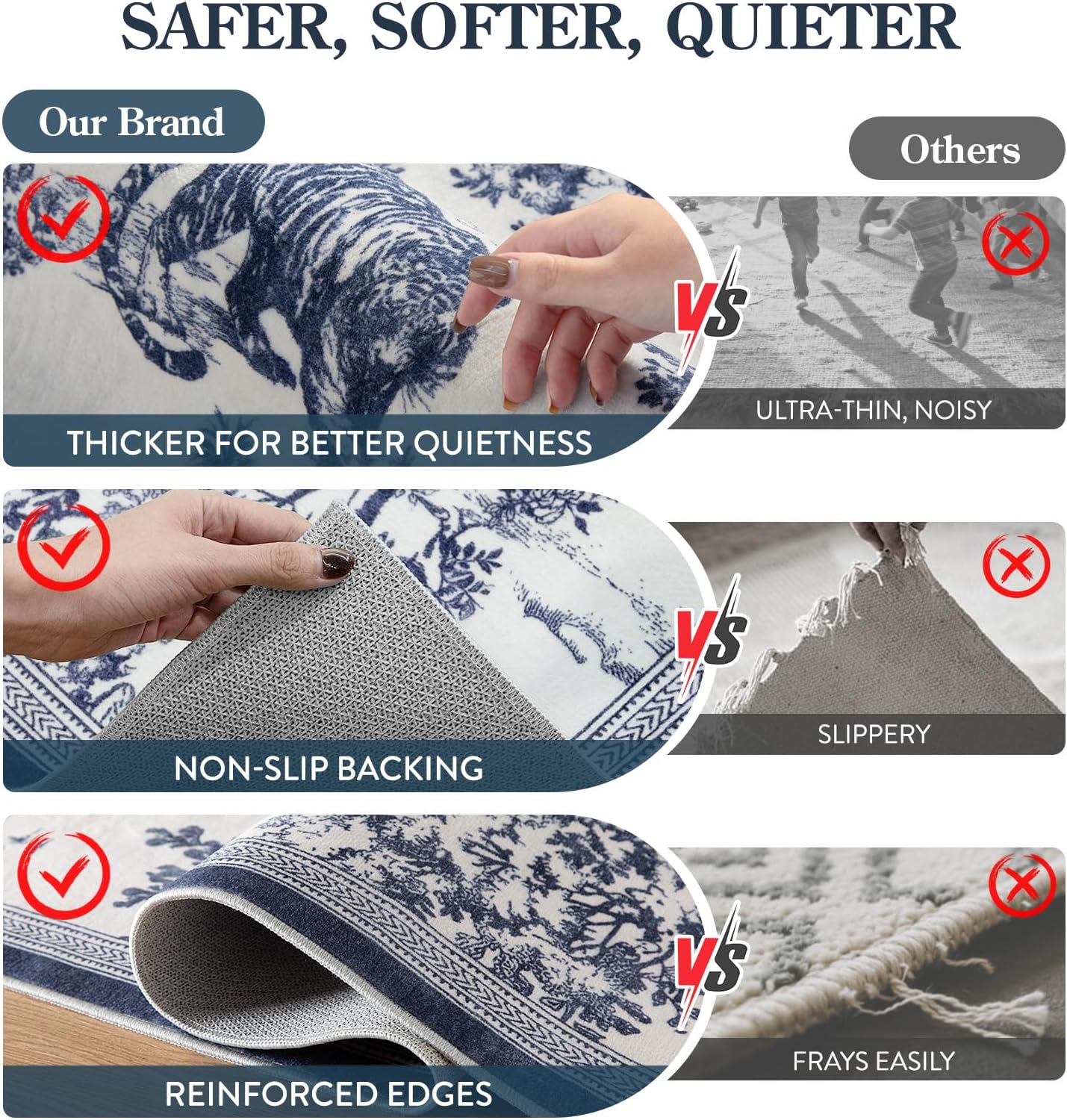 LIVEBOX 5x7 Area Rugs Toile Delft Blue Rug for Living Room, Washable Rug for Bedroom Dining Room Nursery Room, Soft Low Pile Non Slip, Vintage Animal Jungle Unique Classic Print Carpet Home Décor