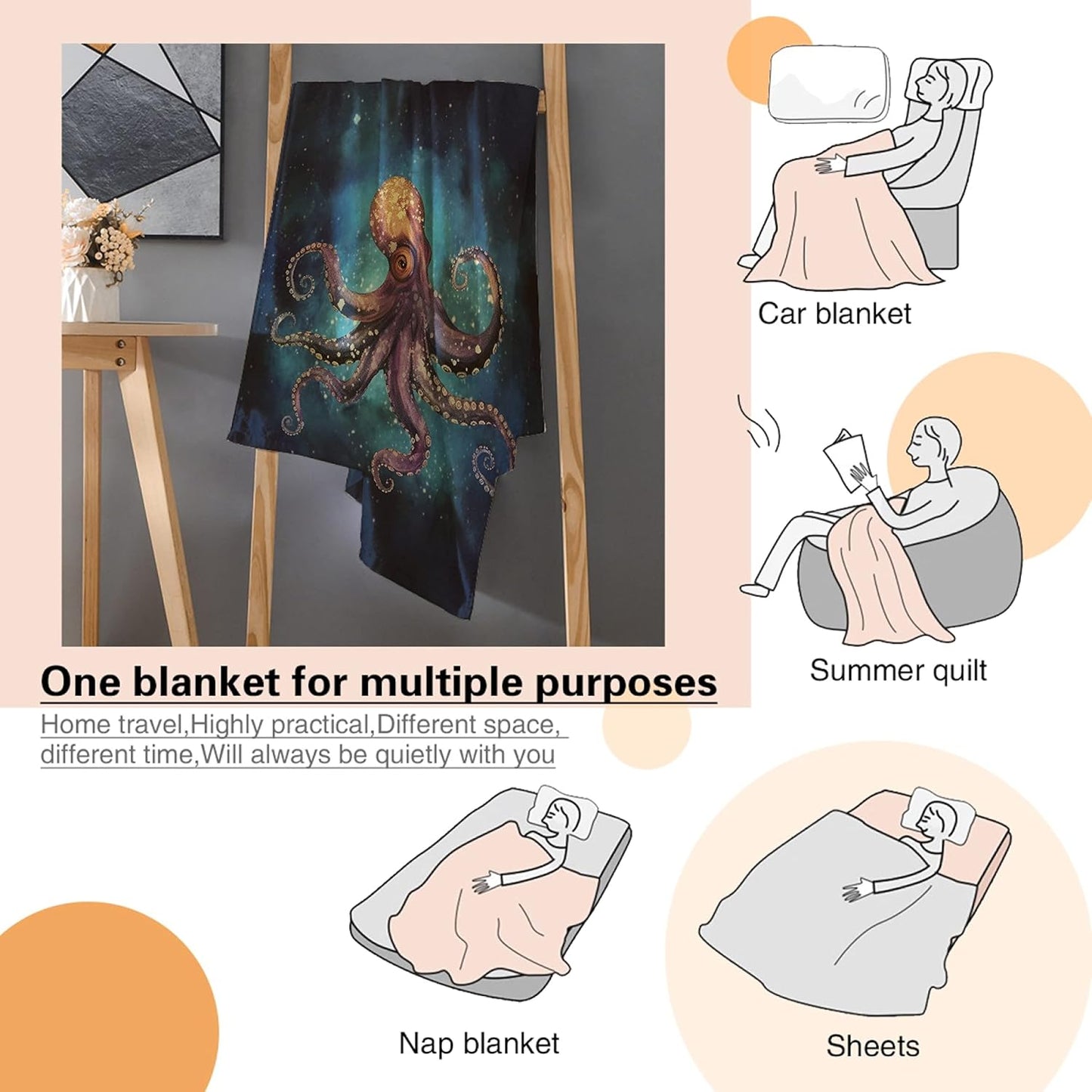 Octopus Fleece Throw Blanket Lightweight Super Soft Flannel Bed Blanket Perfect Home Decor for Couch Chair Sofa Living Room 80"X60" Large