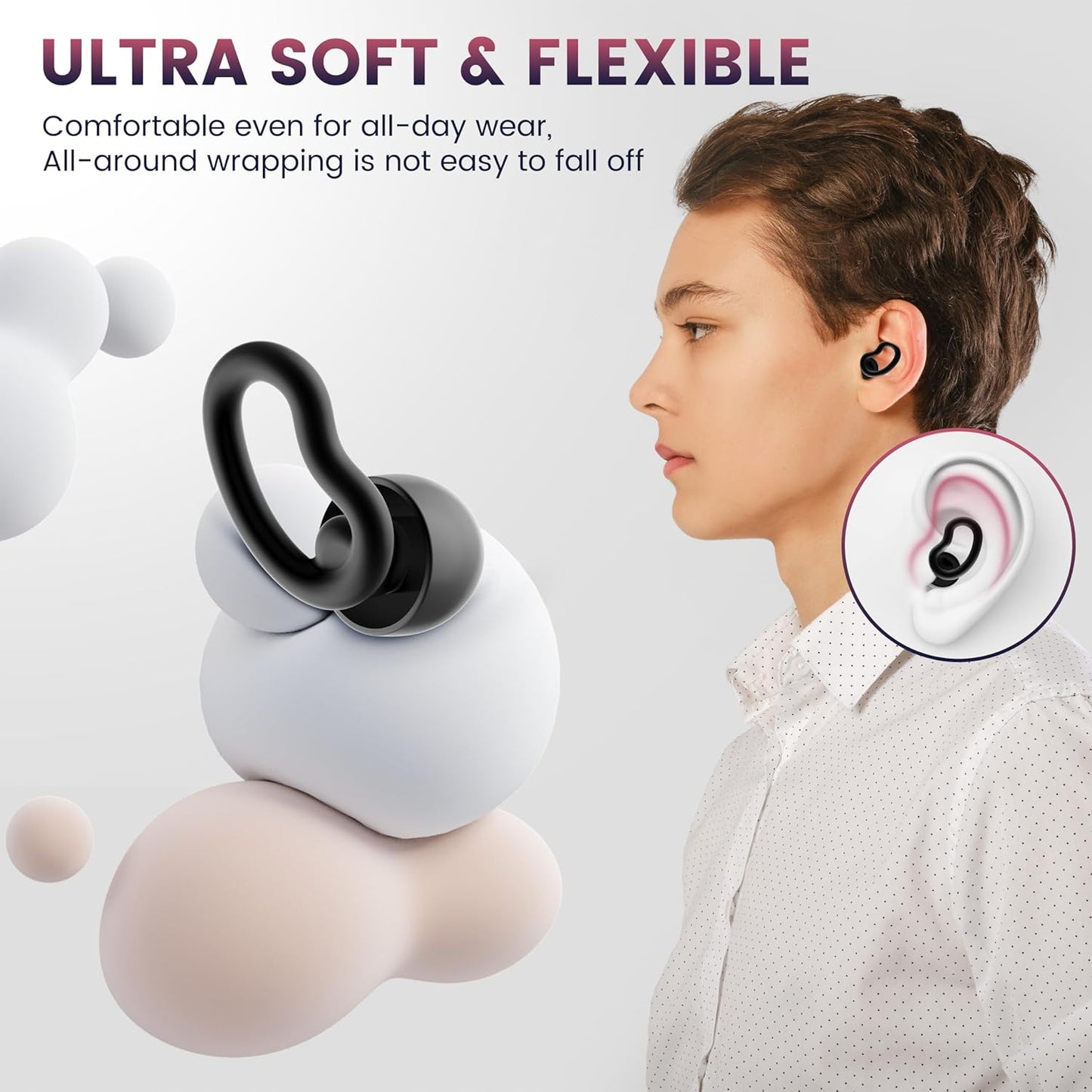 Noise Cancelling Ear Plugs for Sleeping - 2 Pairs Reusable Soft Silicone Noise Block Earplugs for Sound Proof, 30db Noise Reduction Earplug for Sleep, Snoring Blocking, Concert (Black)