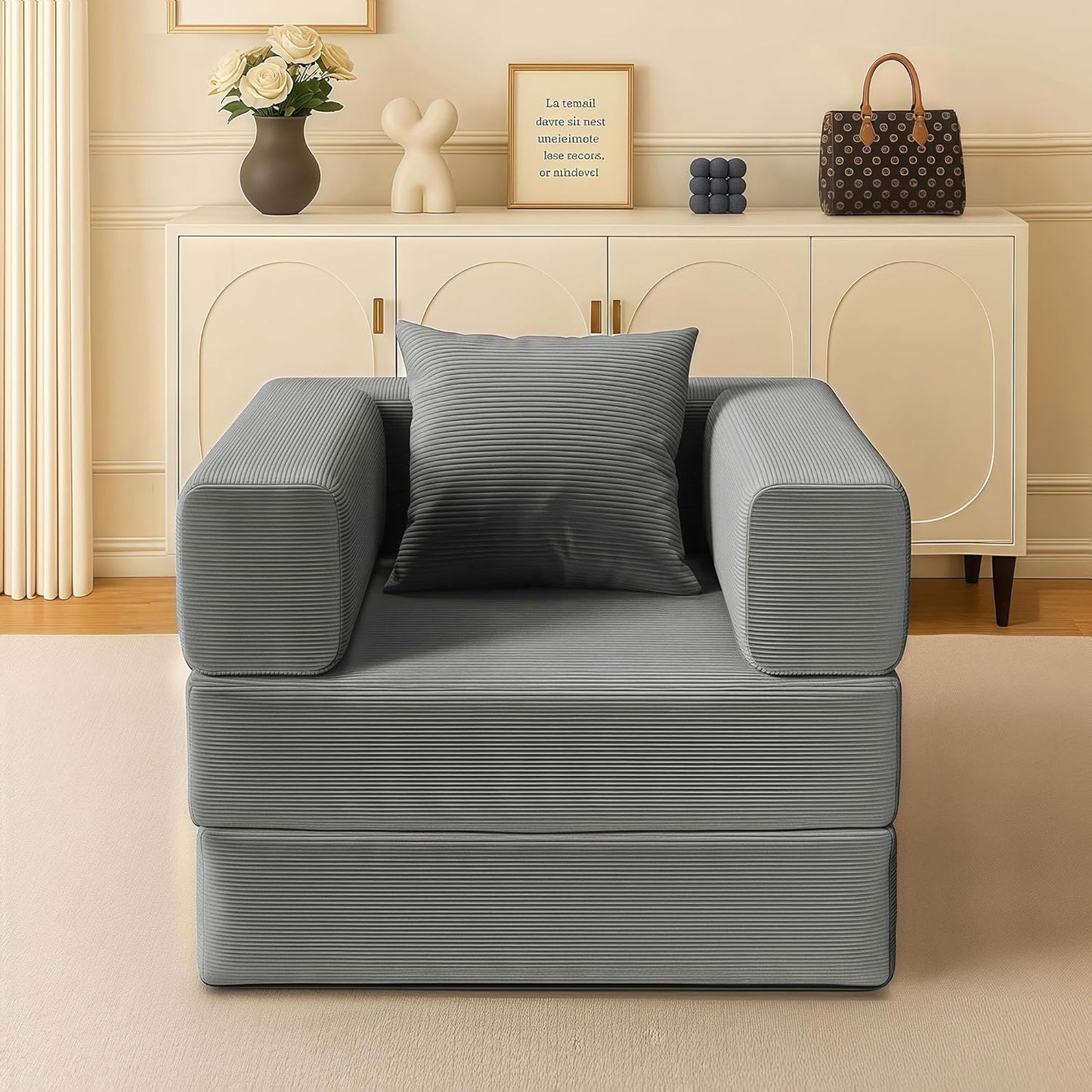 2-in-1 Floor Foldable Sofa Couch Convertible Sleeper Chaise Lounge Chair Indoor Portable Fold Out Futon Mattress with Back Support for Living Room,Bedroom (Gray, 35.43" Single Sofa)