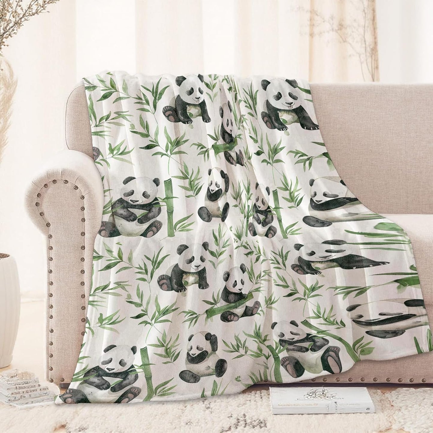 Cute Panda Blanket for Home Decor, Palyful Cartoon Animal and Leaf Design, Boys Girls Women Gifts, 50"x60", Soft Fleece, Lightweight and Breathable, Ideal for Couch Bed Office Cabin Office Dorm