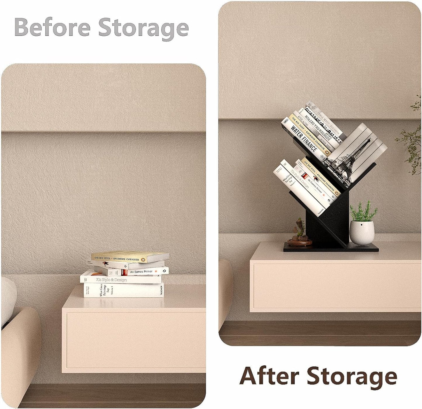 R RUISHENG 3 Tier Small Tree Bookshelf Storage Organizer Shelves Floor Standing Bookcase Desk Wood Storage Rack for Home Office Living Room Bedroom Display for Book Magazine CD Manga Black