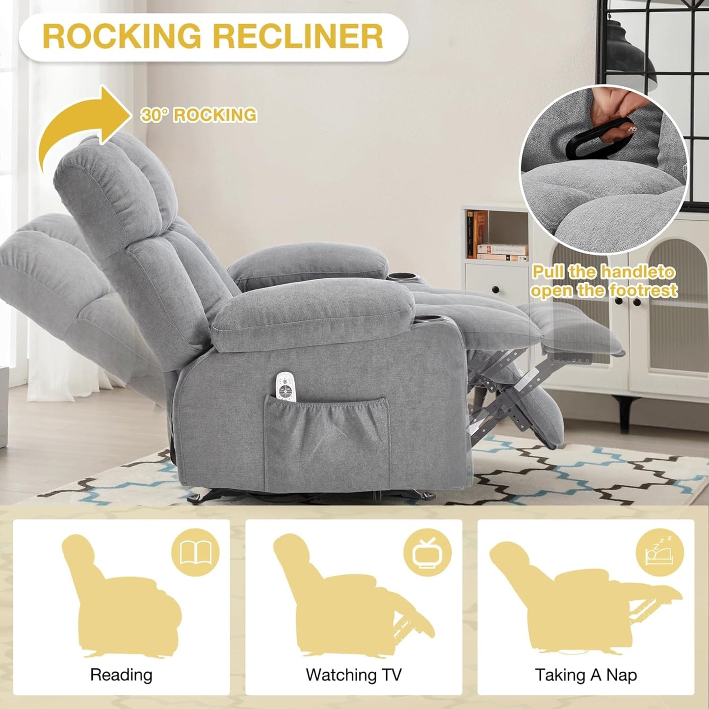 Electric Massage Recliner Chair with Vibration Gently Heat Fabric Ergonomic Manual Overstuffed Rocker Lazy Boy Chairs for Living Room Bedroom