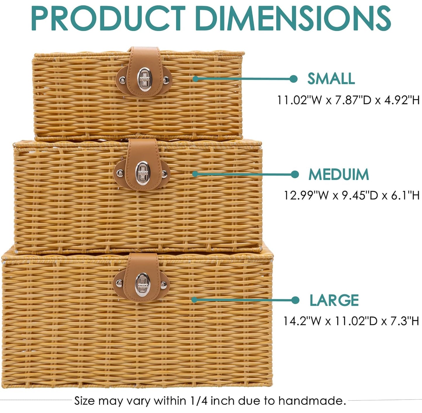 Wicker Storage Baskets with Lids, Set of 3 Decorative Storage Boxes For Organizing, Woven Baskets with Leather Lock and Handles (Beige)