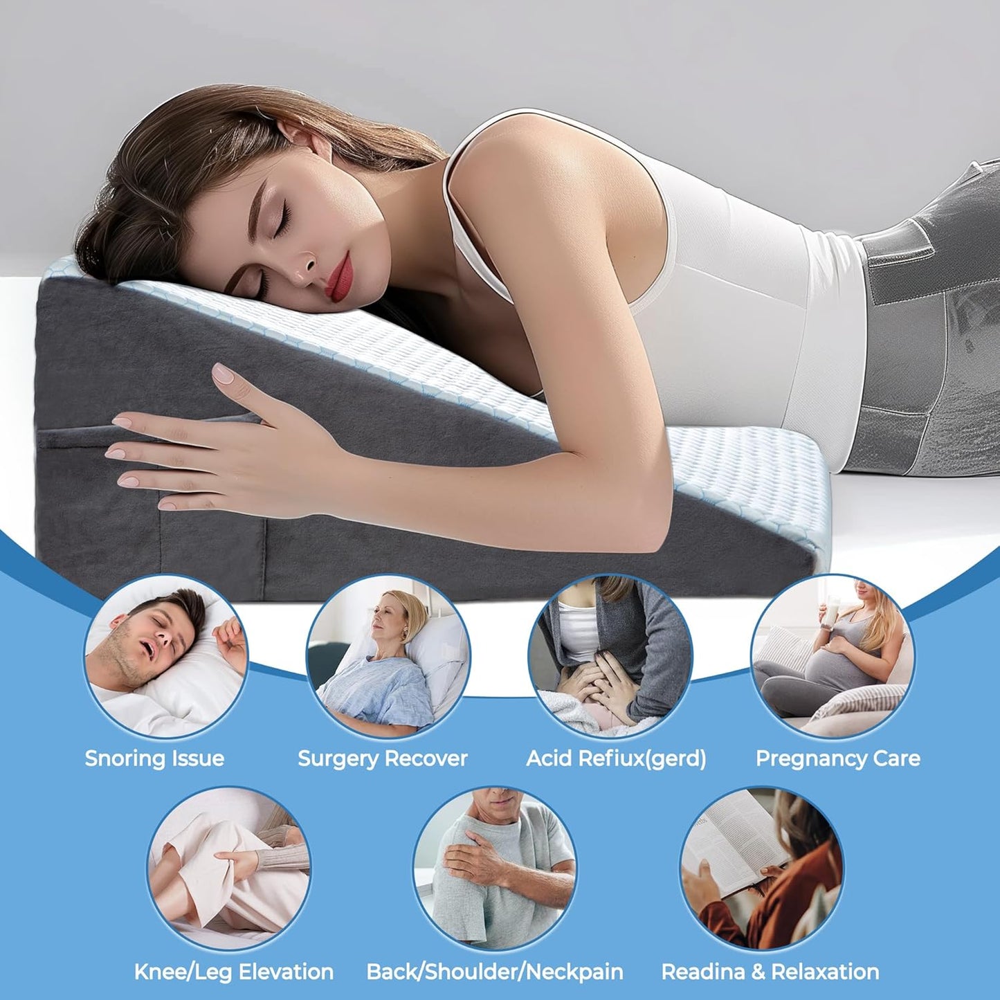 puredown® 8" Bed Wedge Pillow, Cooling Wedge Pillows for Headboard, Pillow Wedge for After Surgery, Nighttime Acid Reflux, Lumbar & Back Support, Leg Elevation Therapy, Snore Reduction Aid