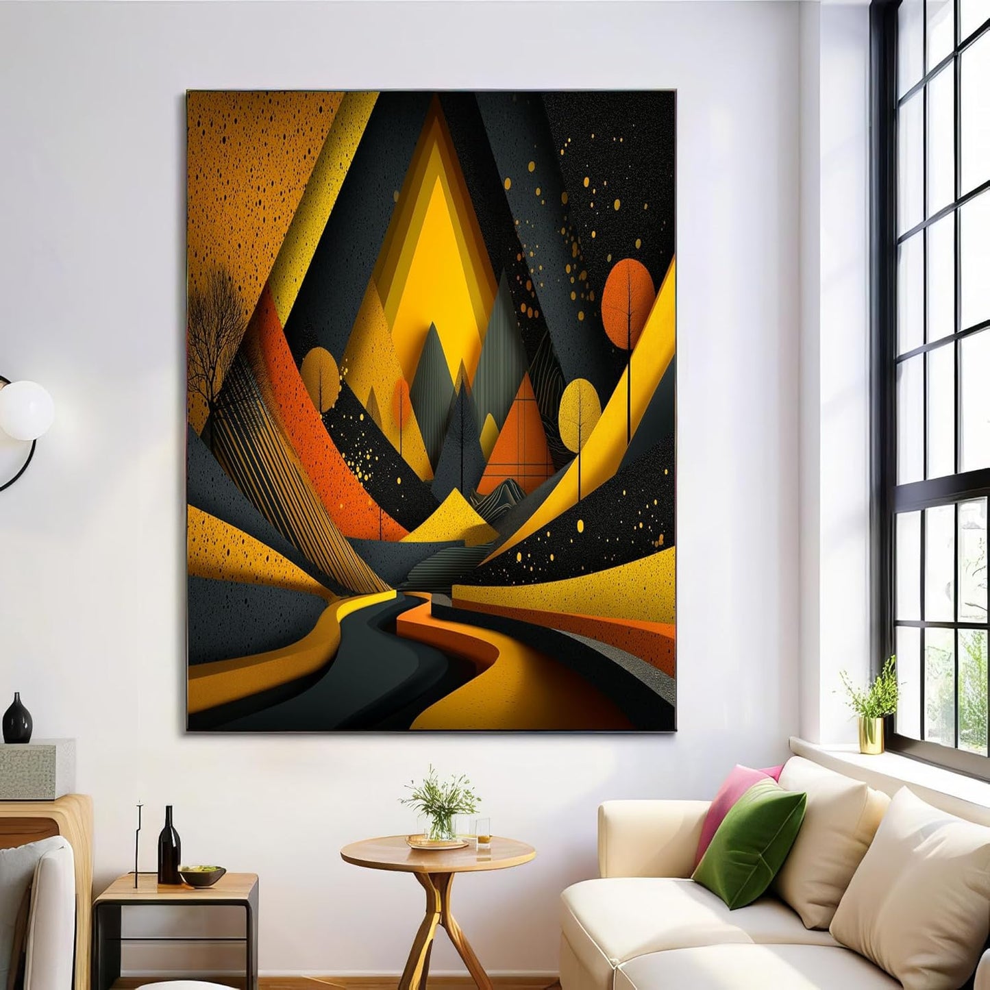 GDJSMIN Hand Drawn Geometric Pattern Wall Art, Abstract Road Mountain View Poster for Reading Room Living Room Decor 12x 16 inch Unframed
