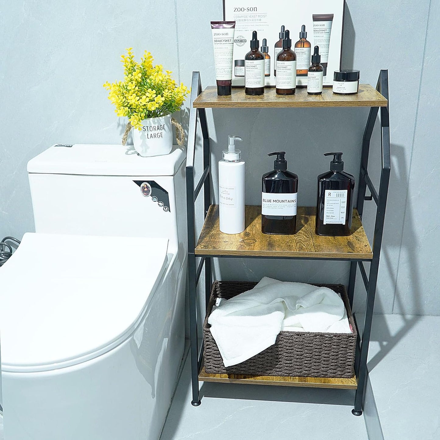 Bookshelf, 3 Tier Industrial Small Bookcase, Metal Narrow Book Shelf, Book Case Book Storage Organizer for Living Room, Bedroom, and Home Office - Rustic Brown