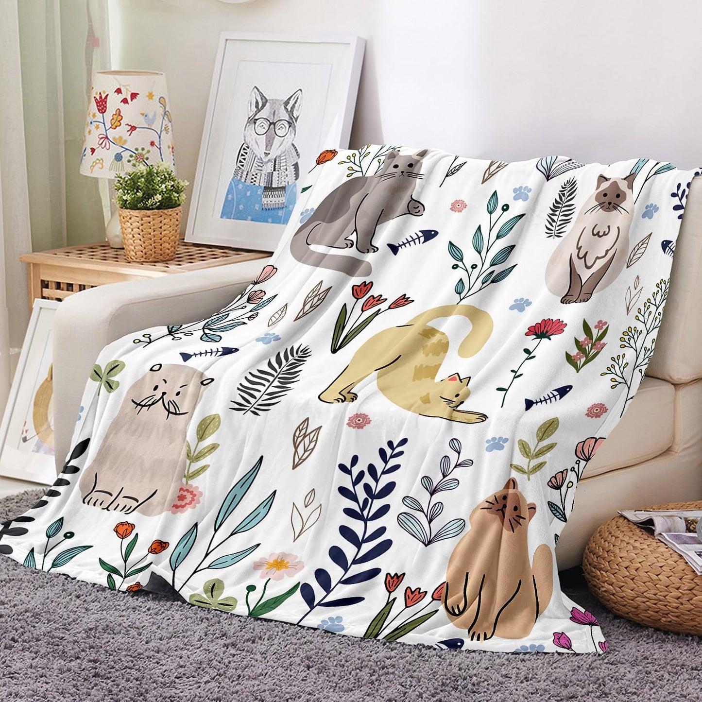 Cat Throw Blanket Floral Flower Throw Blankets Gift for Cat Lover Throw Blanket Cats Themed Flannel Cozy Fuzzy Plush Throw Blankets for Bed Chair Couch 60" X 80"