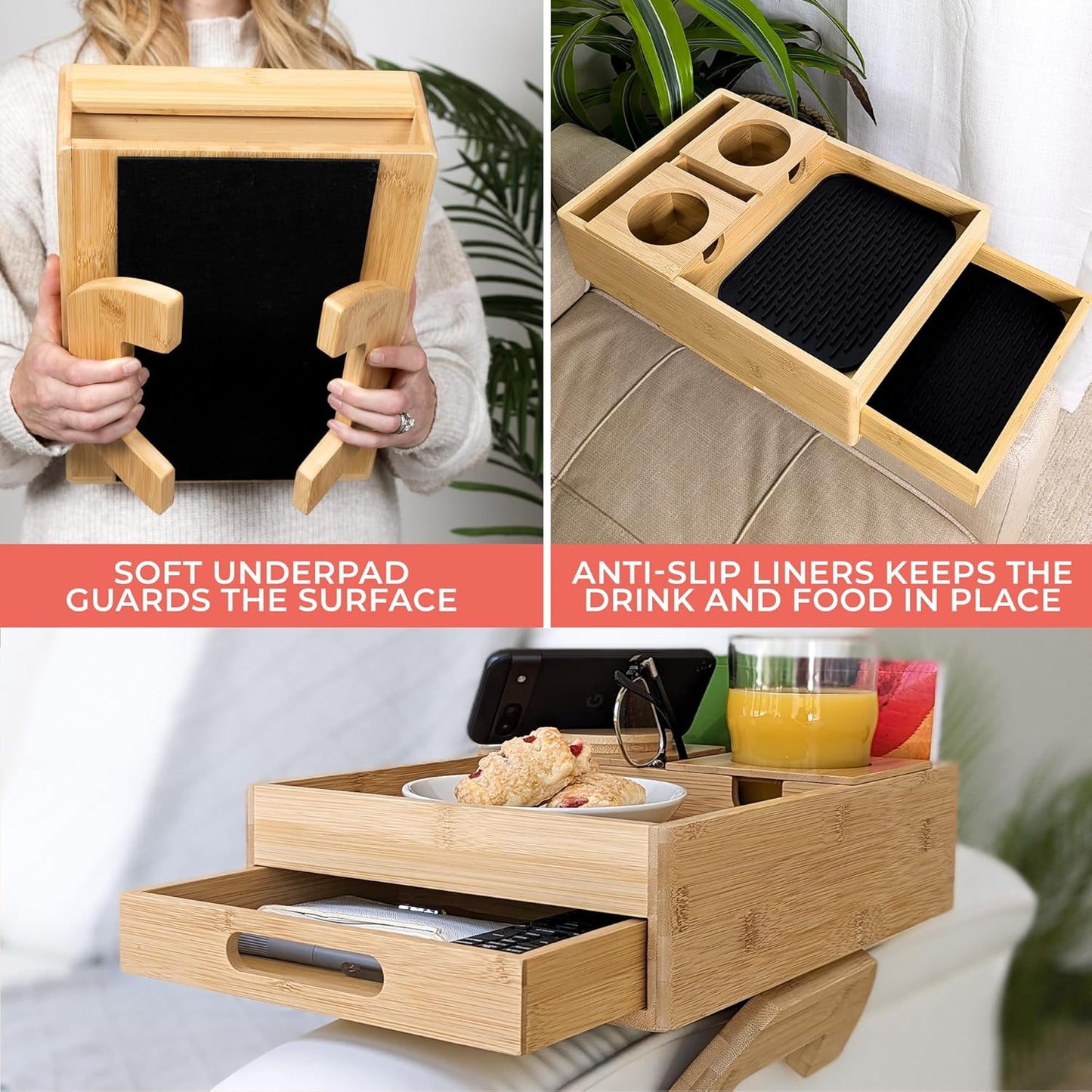 7-in-1 Sofa Armrest Tray with Drawer, Clip-On Side Table for Wide Armrest, TV Organizer with Cup Holder, Phone Stand, Remote Storage, Drinks, Snacks, and Accessories