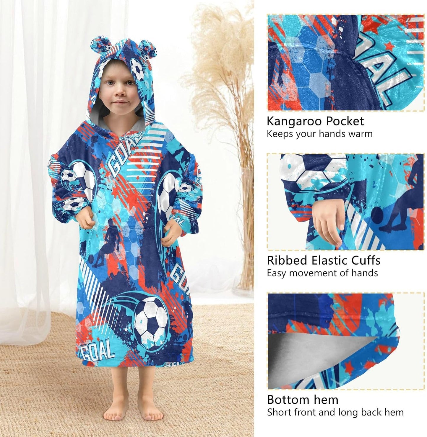 YETTASBIN Soccer Graffiti Wearable Blanket Hoodie for Kids, Oversized Soft Cozy Flannel Sweatshirt Blanket with Pocket