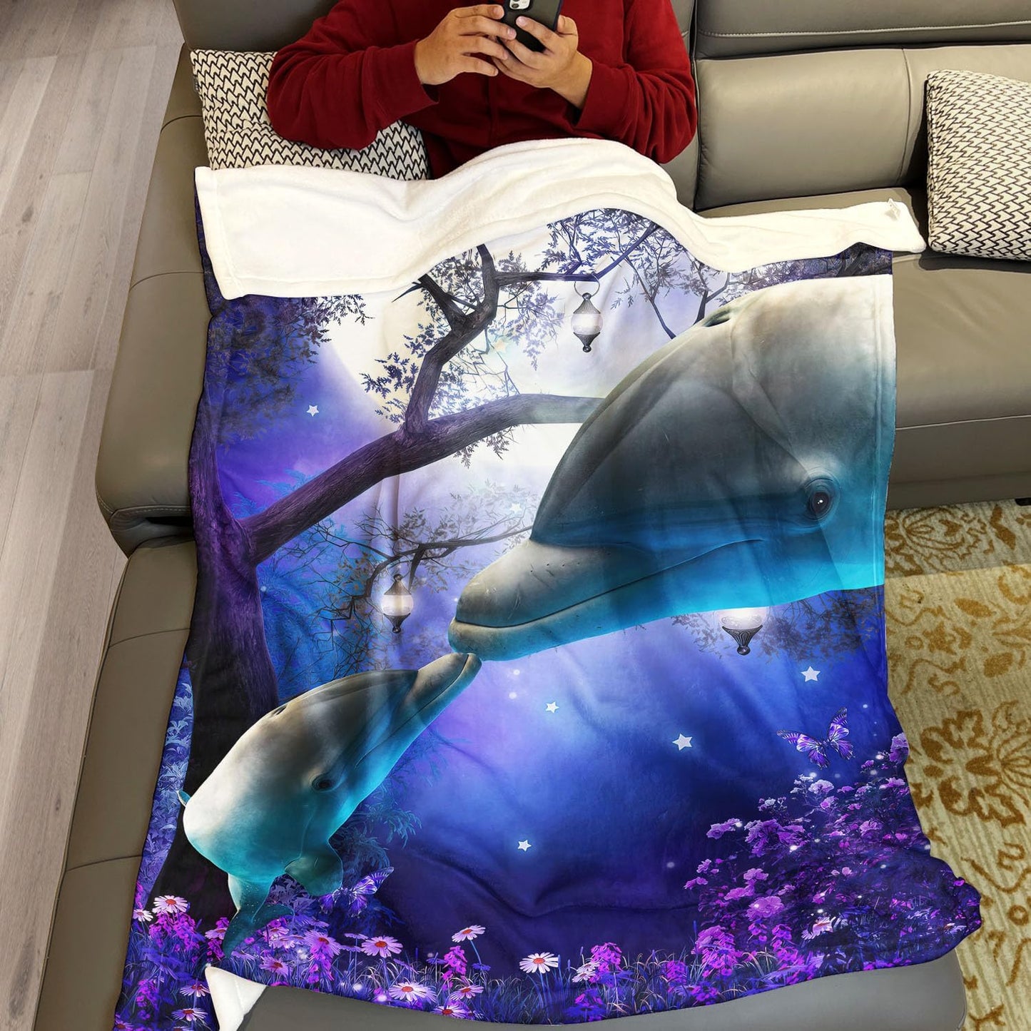 SXCHEN - Soft Fleece Blanket, 100% Microfiber, Polyester, Late Night Forest Blue Whale 2 Dolphins, 60x80 inch, Machine Wash
