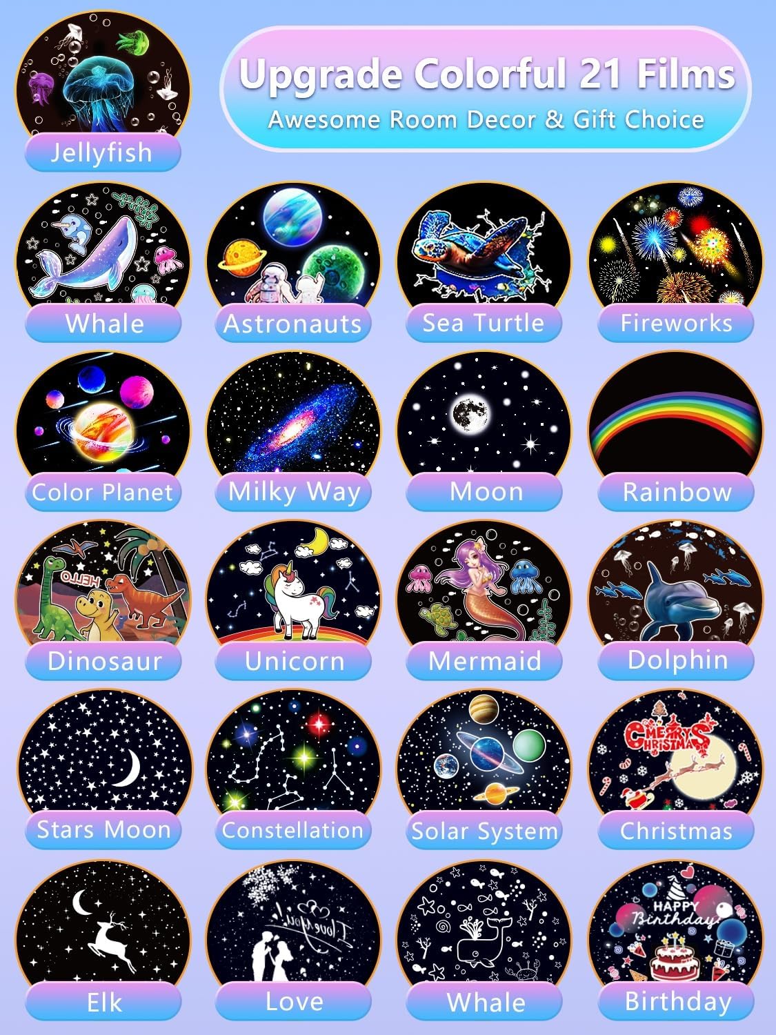 21 Sets of Films, Projector Night Light for Kids, Light Projector for Kids Room, Ceiling, Star Galaxy Projector with 360° Rotation Dimmable for Baby Girls, Birthday, Christmas, Nursery, Room Decor