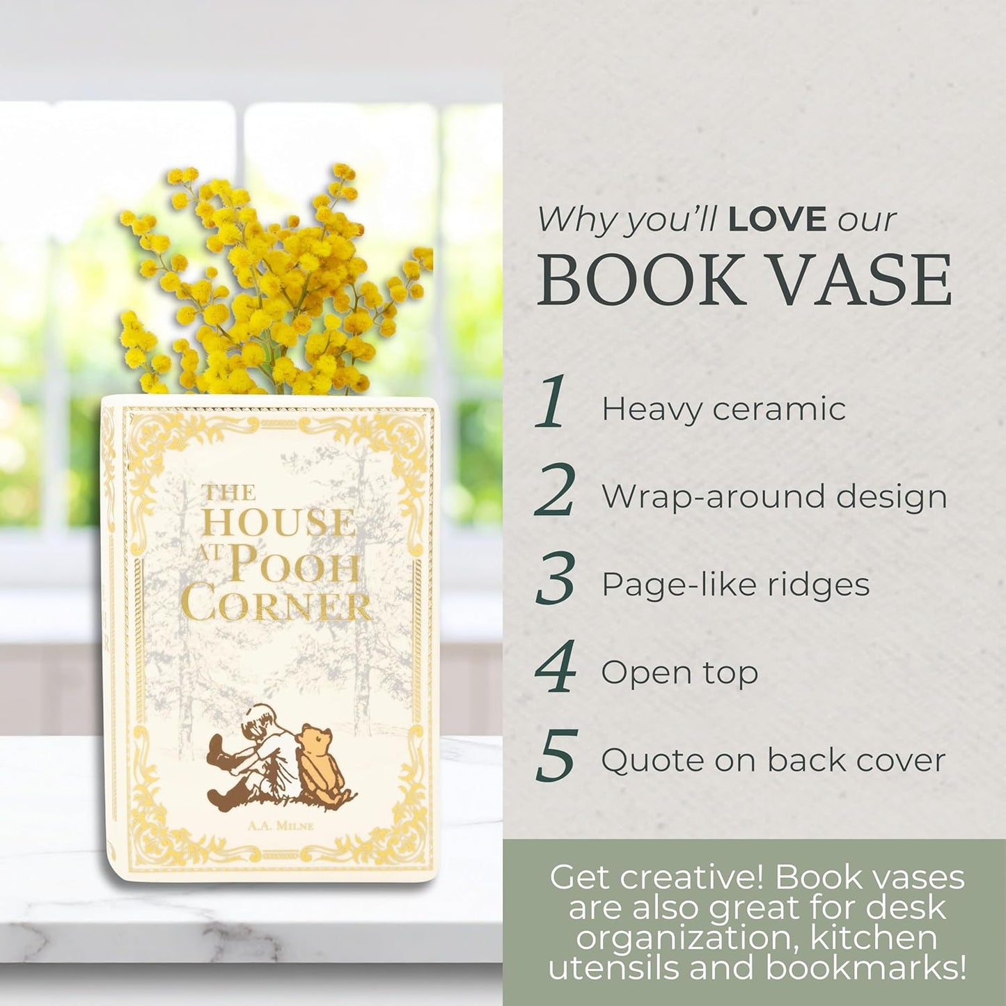Steel Mill & Co Original Book-Shaped Decorative Vase, Ceramic Vases for Home Decor, Cute Bookshelf Decor, Unique Vase for Book Lovers (Large - The House at Pooh Corner)