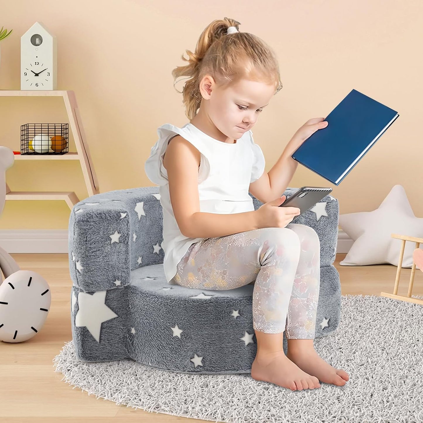 Costzon Kids Couch, 2 in 1 Convertible Toddler Reading Chair Sofa Glow in The Dark with 8-inch Sitting Cushion, Flannel Cover, Lightweight Children Plush Sofa Chair for Boys Girls Gifts