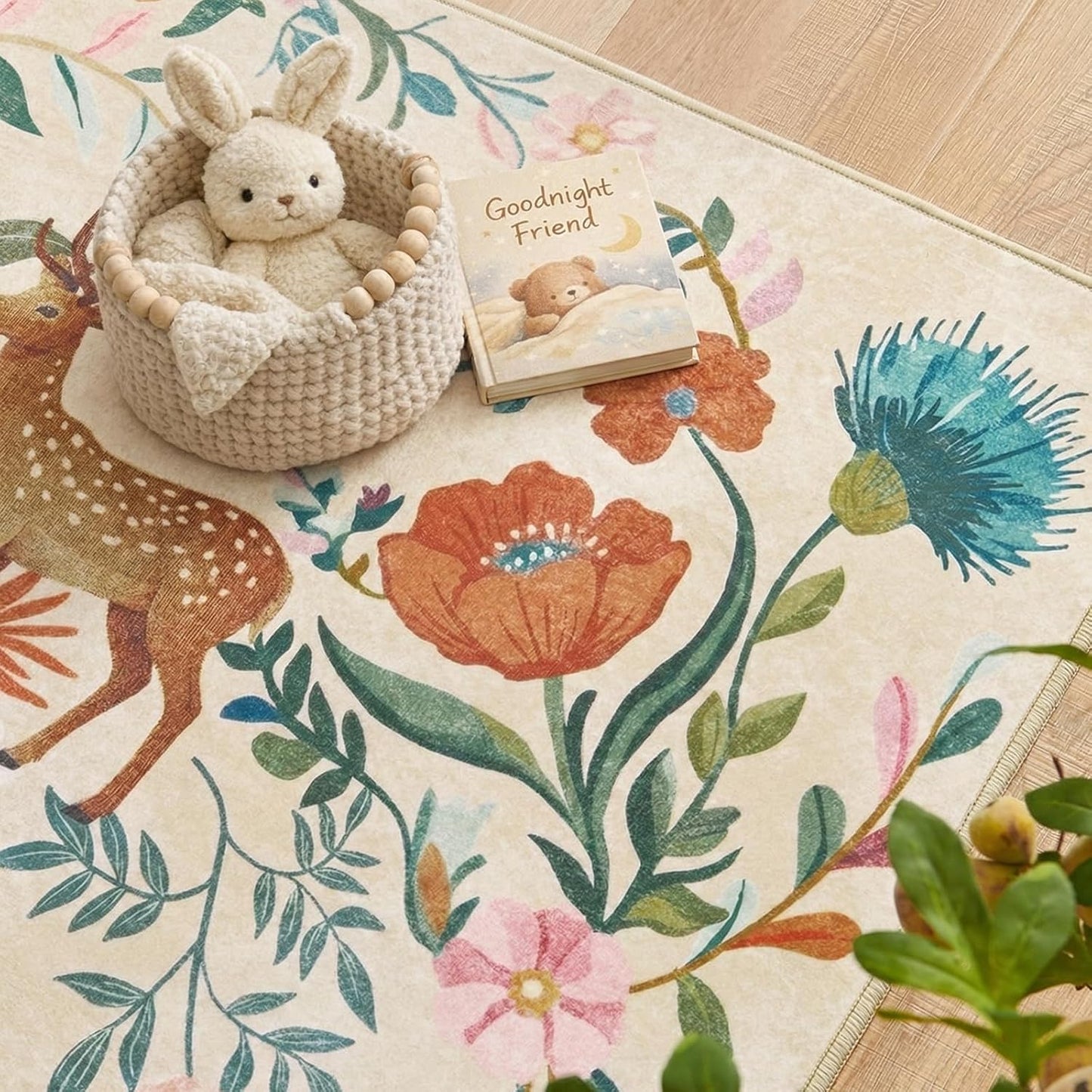 jinchan Round Rug 5ft Kids Room Area Rug Washable Indoor Unicorn Rug Soft Non-Slip Low Pile Fairytale Woodland Animals Floral Carpet for Classroom Nursery Playroom Bedroom Living Room Daylight Cream