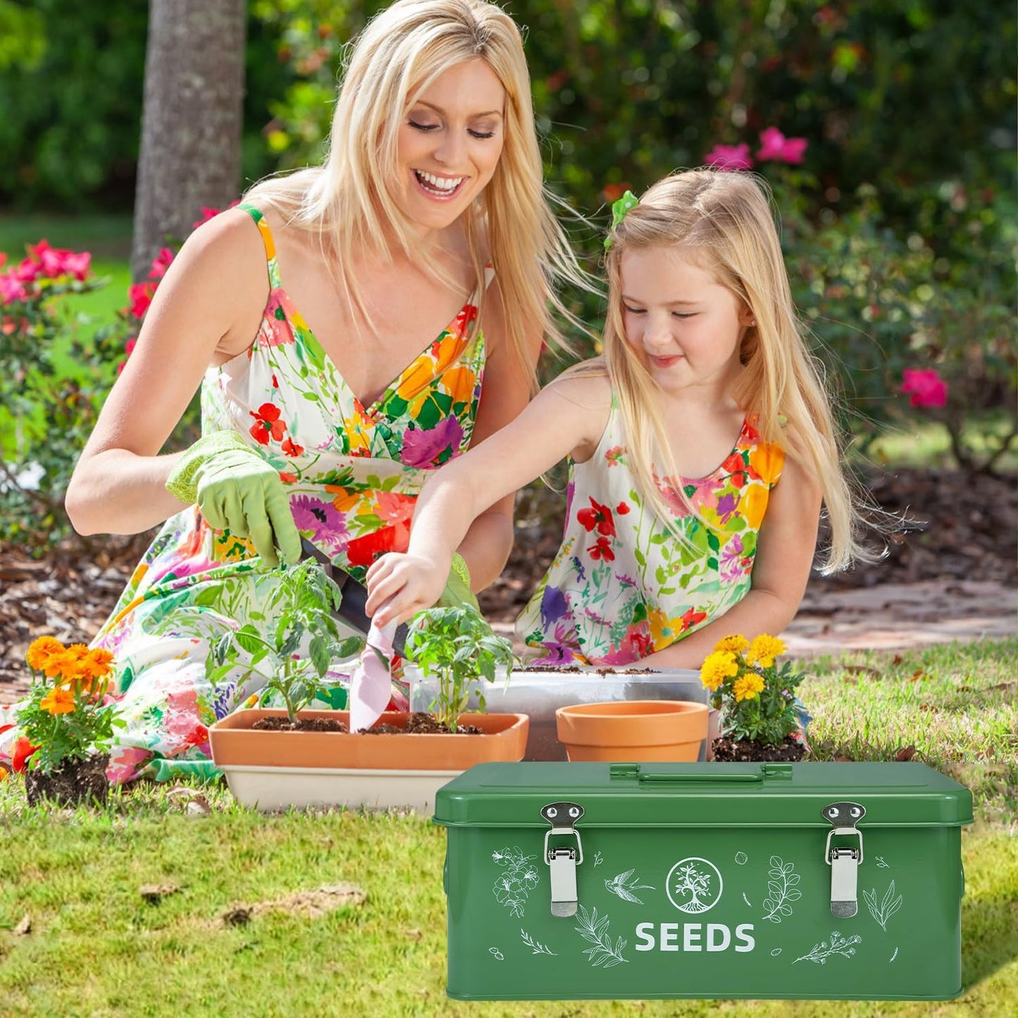 Seed Storage Box, Seed Storage Organizer with Garden String, 30 Seed Envelopes and Bamboo Plant Labels, 4 Compartments Garden Seed Organizer Box with Safety Locks, Dark Green