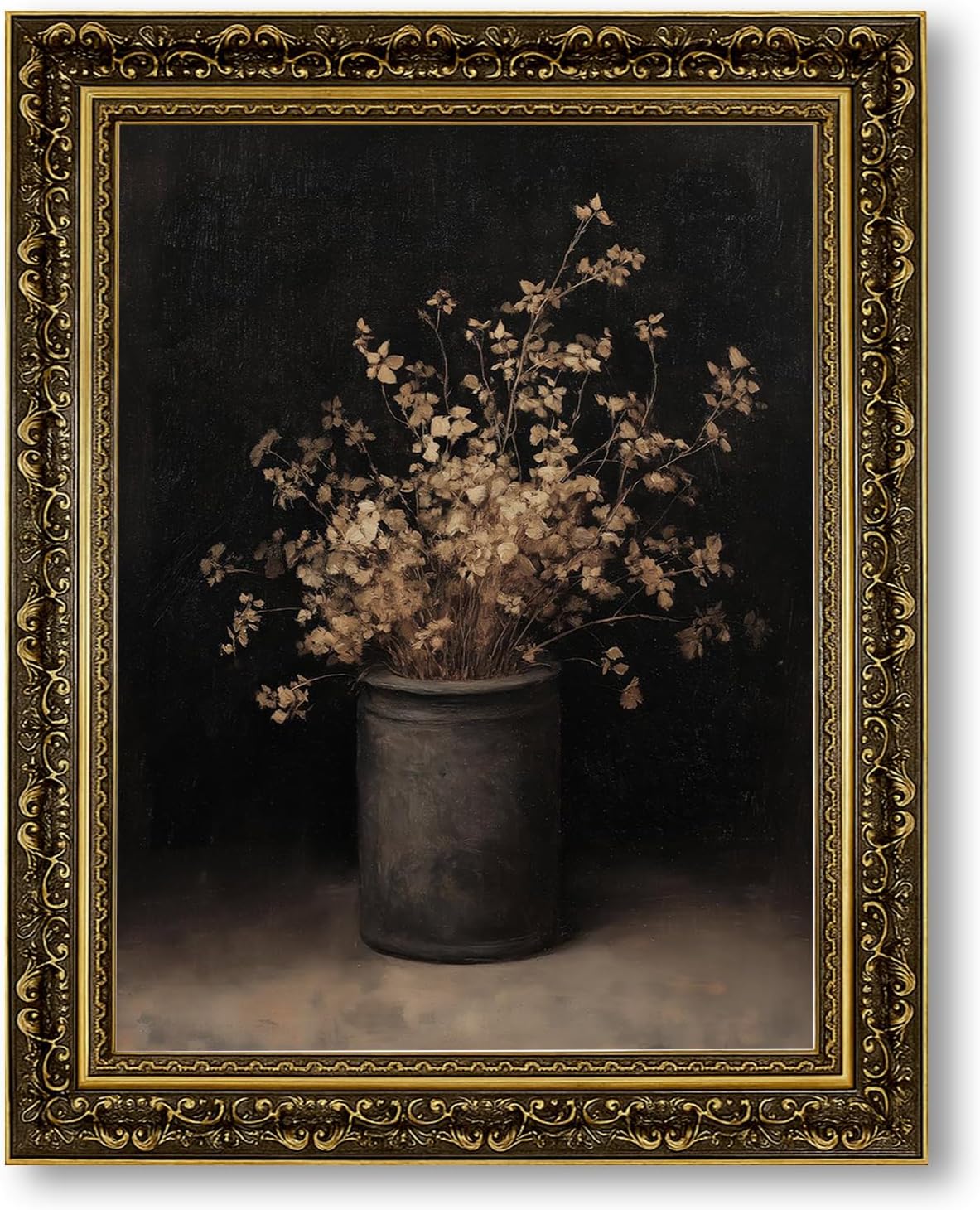 Vintage Fall Dried Flowers Vase Wall Art Print Dark Moody Rustic Still Life Painting Autumn Floral Poster Picture Botanical Gothic Victorian for Bedroom Office Wall Decor 12x16inch Black Golden frame