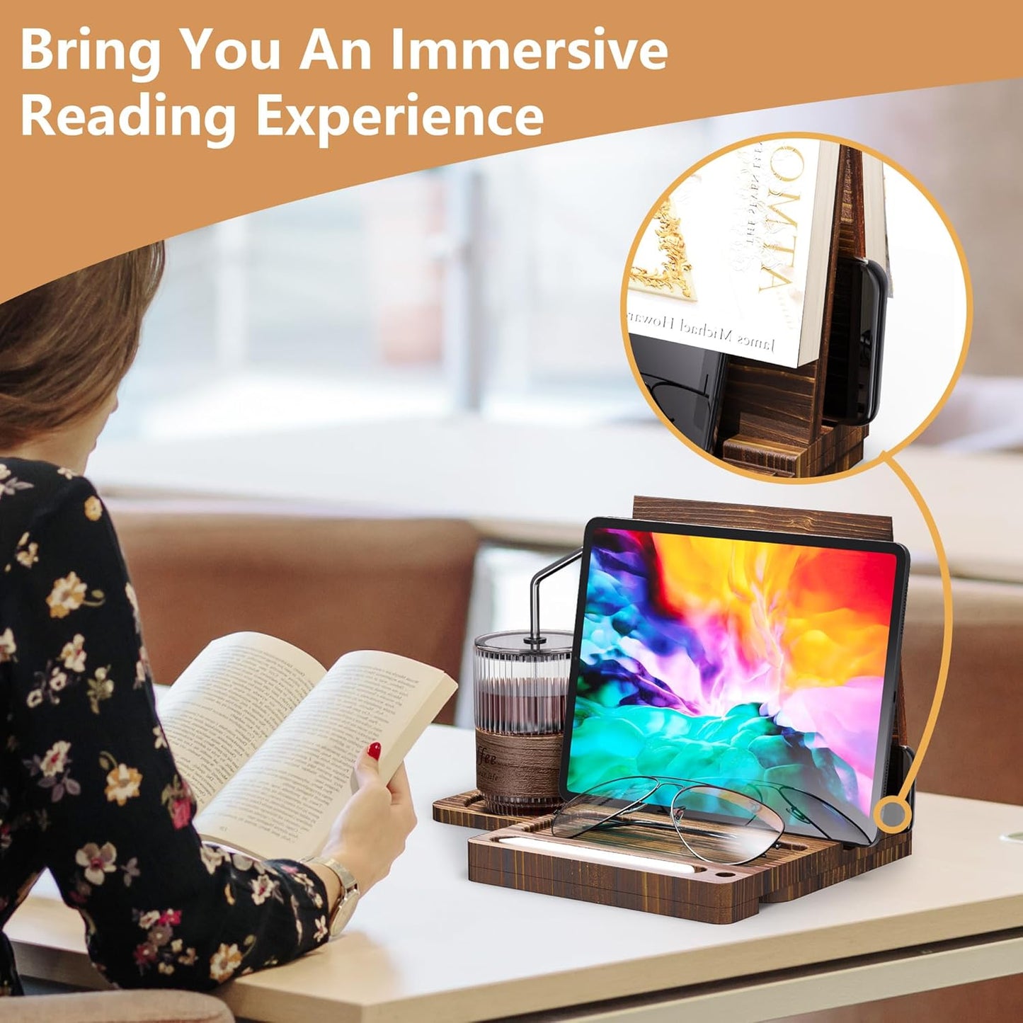 Triangle Book Holder Stand, Wooden Book Nook Reading Valet, Book Rest with Cup, Glasses & Pen Holder, YITOBA Book Display Stand for Reading in Bed, Coffee and Book Lovers (Brown)