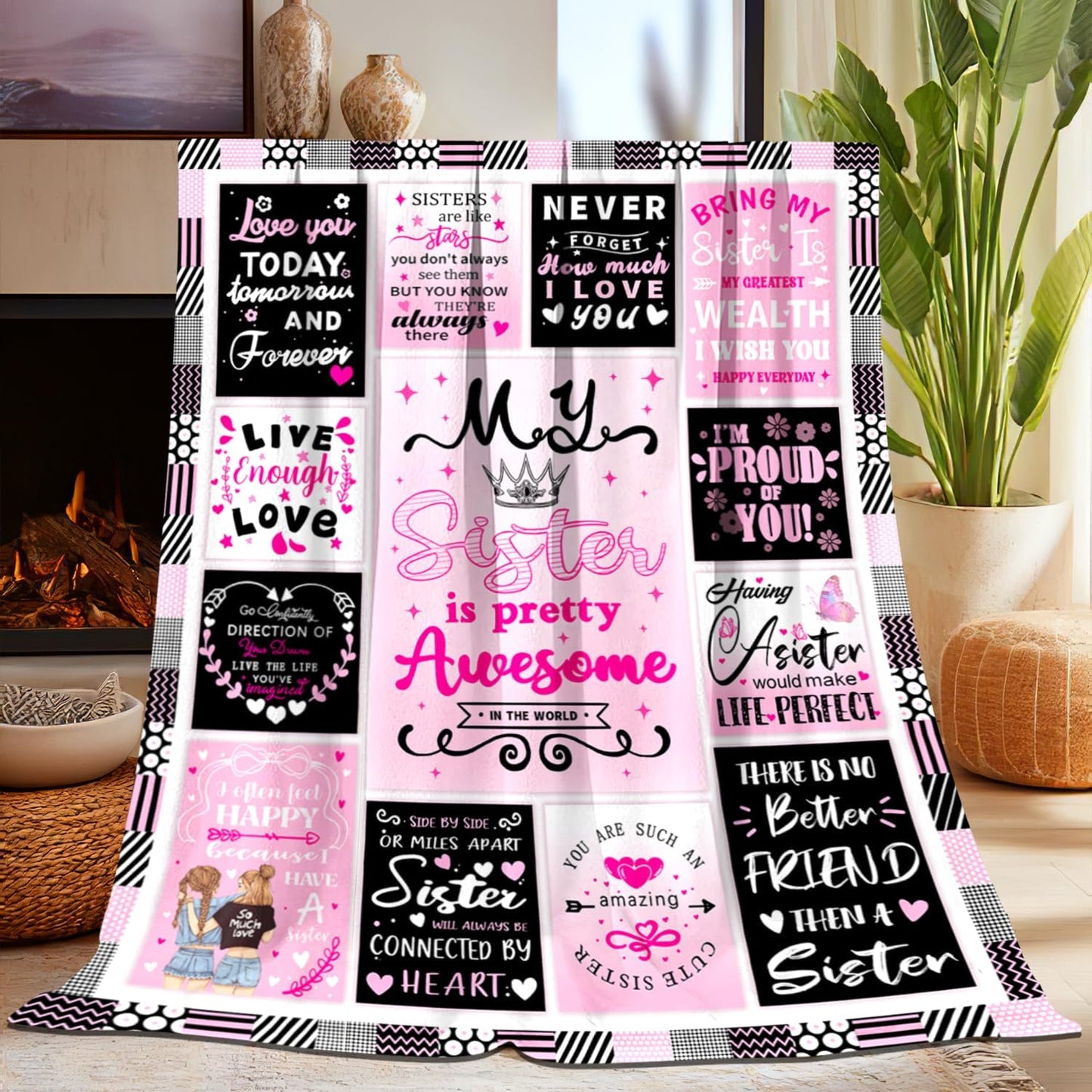Sisters Gifts from Sister, Super Soft Unique Pink Sisters Blanket Gift for Little Girls, Christmas Birthday Gifts for Sister, Warm Cozy Fuzzy Plush Fleece Flannel Blanket 60"x50" for Couch Bedding