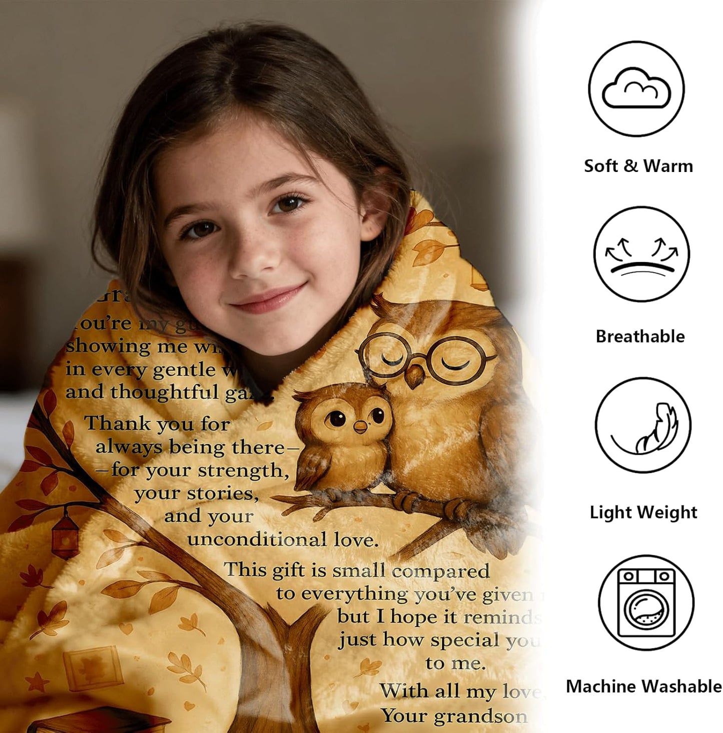 Grandpa Gifts Blanket 60"x50" – Thoughtful Birthday Gifts for Grandpa,Sentimental Owl Spirit Board Blanket,Cozy Flannel Throw,Best Ever Gifts from Grandson