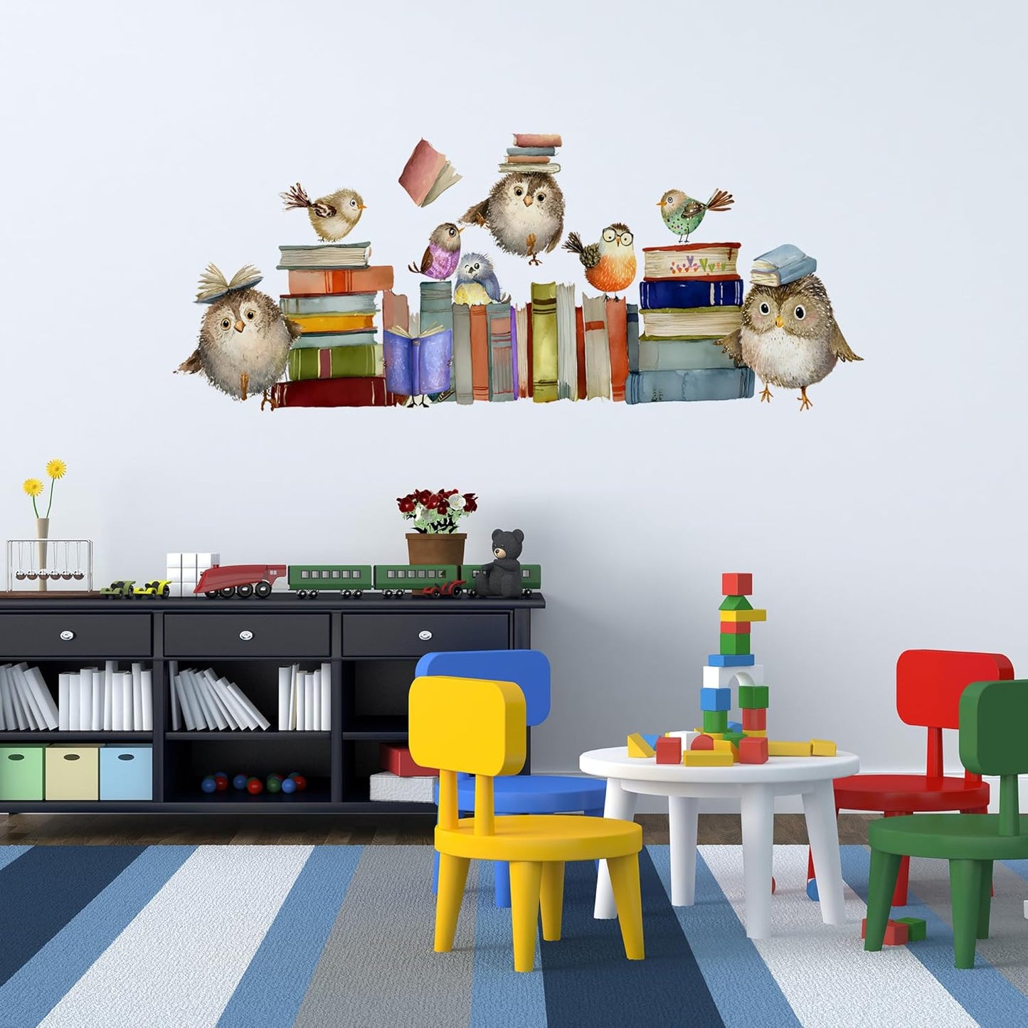 Reading Books Wall Decals,Owl Books Wall Stickers,Peel and Stick Art Wall Decors,Removable Learning Student Artwork,for Kids Bedroom Nursery Playroom Classroom Library Reading Corner Decoration