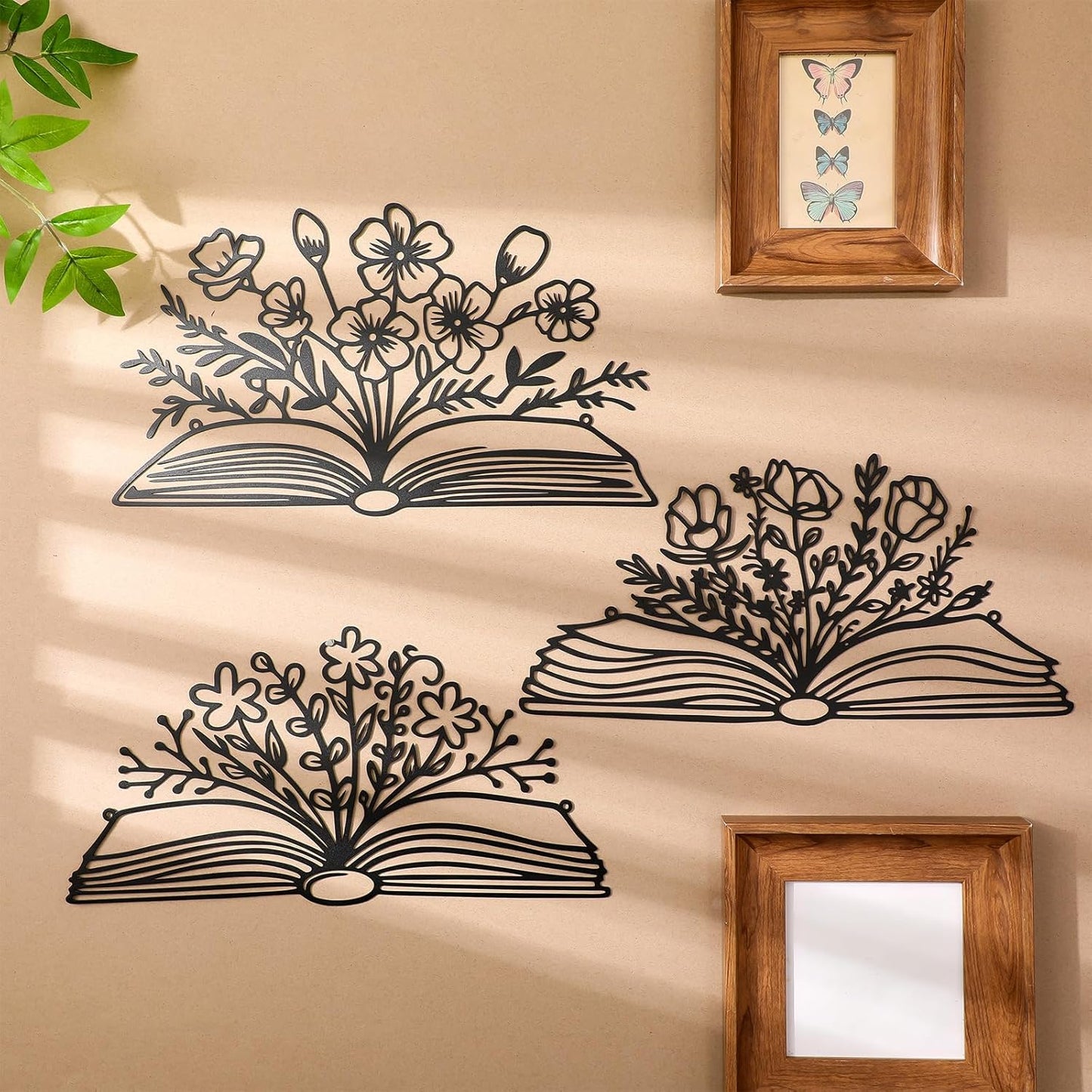 Honeydak 3 Pcs Reading Metal Book Flower Wall Art Decor Black Wall Hanging Decor Library Sign Silhouette Book Lovers Teacher Gift Wall Sculptures for Home Reading Room Living Room Bedroom Office